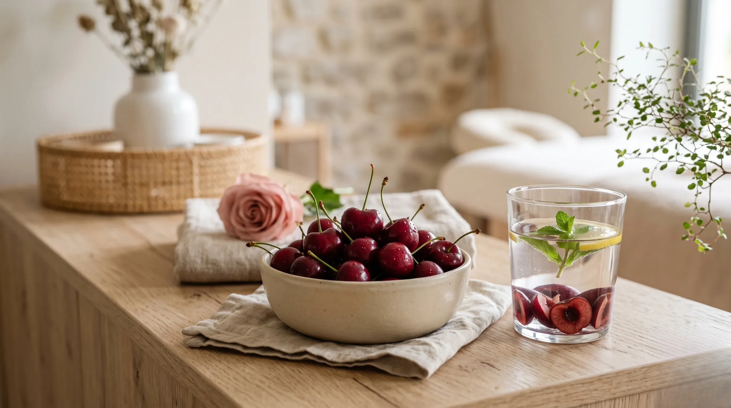 Cerises fraîches dans un bol minimaliste beige sur fond neutre, style clean girl et spa.