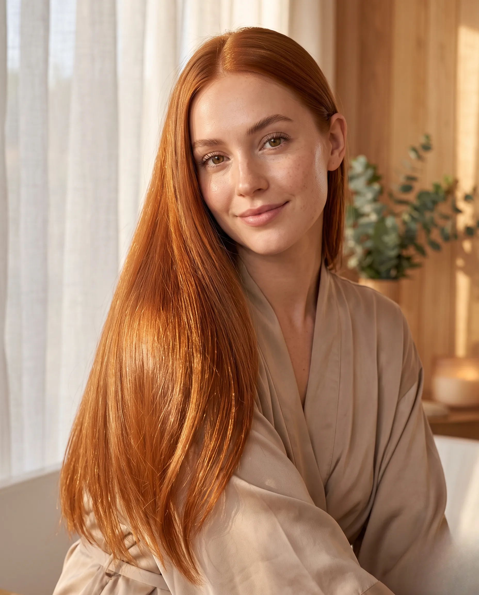 Gros plan sur la chevelure cuivrée ultra-brillante d'une femme dans une ambiance spa minimaliste et chaleureuse.