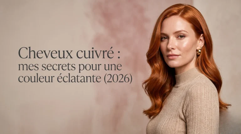 Photographie de mode sophistiquée d'un modèle aux cheveux cuivrés éclatants avec le titre de l'article incrusté dans un espace vide minimaliste.