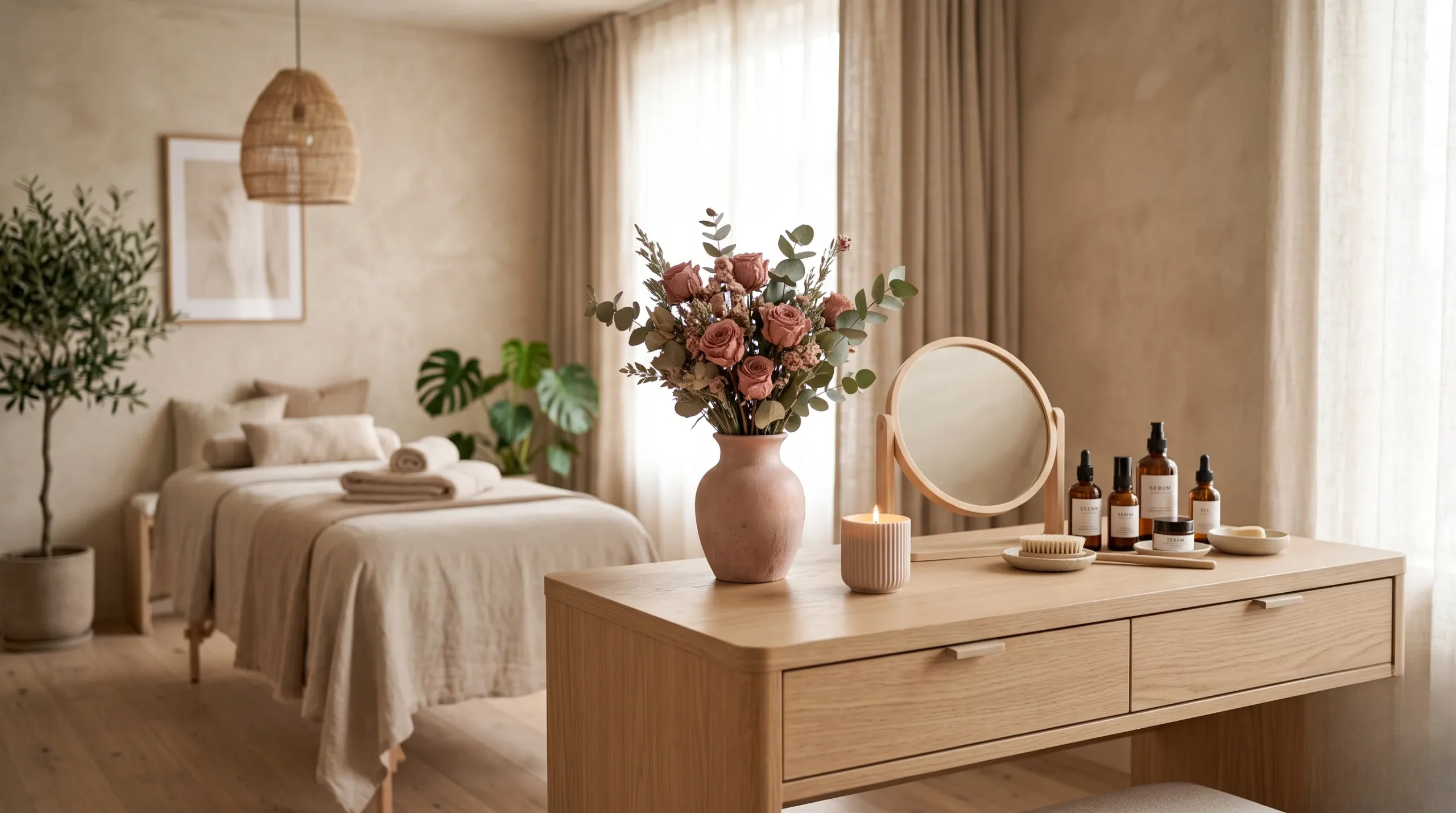 Coiffeuse en bois clair minimaliste baignée d'une lumière douce avec un vase aux nuances poudrées
