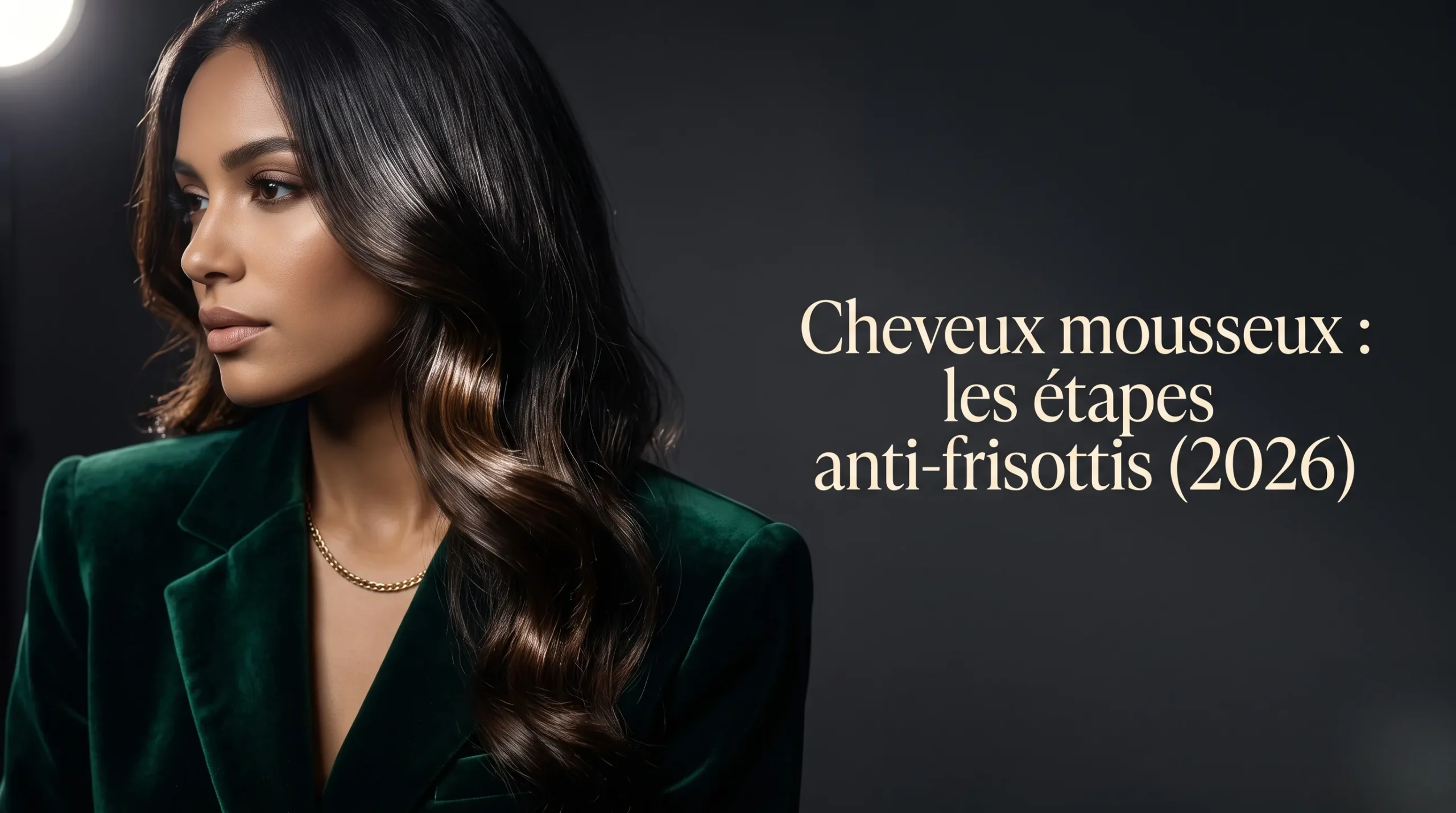 Cliché de mode sophistiqué mettant en valeur une chevelure lumineuse et disciplinée pour lutter contre les cheveux mousseux