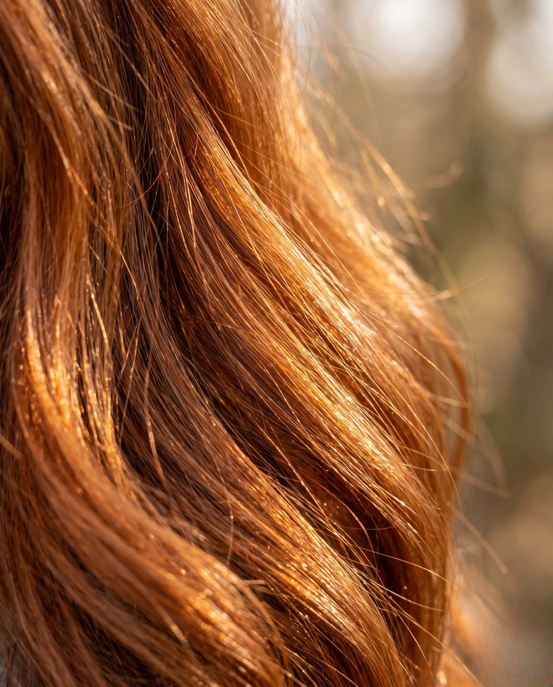Vue de profil d'un modèle aux cheveux cuivrés ondulés attachés en un chignon bas élégant, style spa minimaliste.