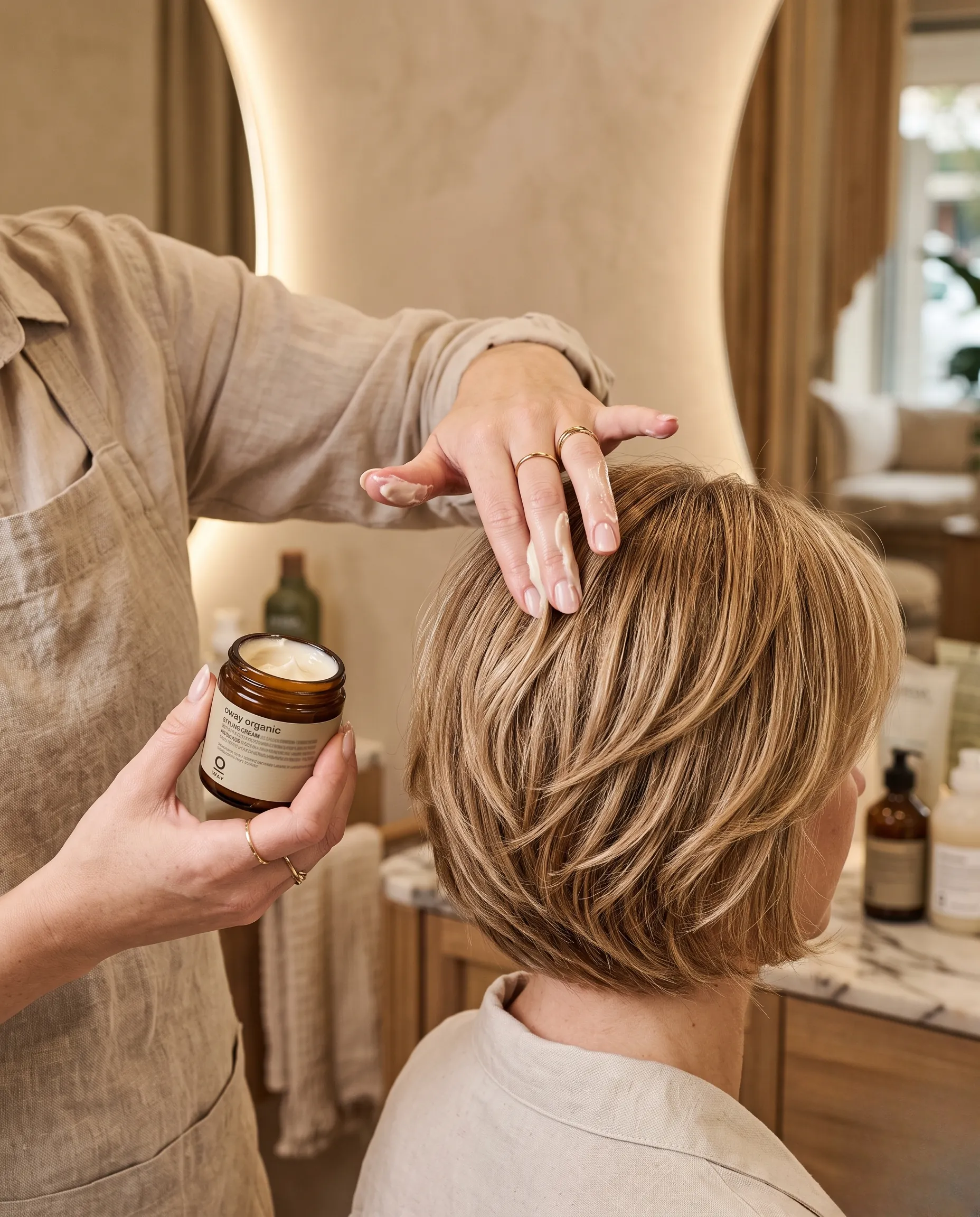 Gros plan sur les mains d'un coiffeur stylisant une coupe courte dégradée avec soin.