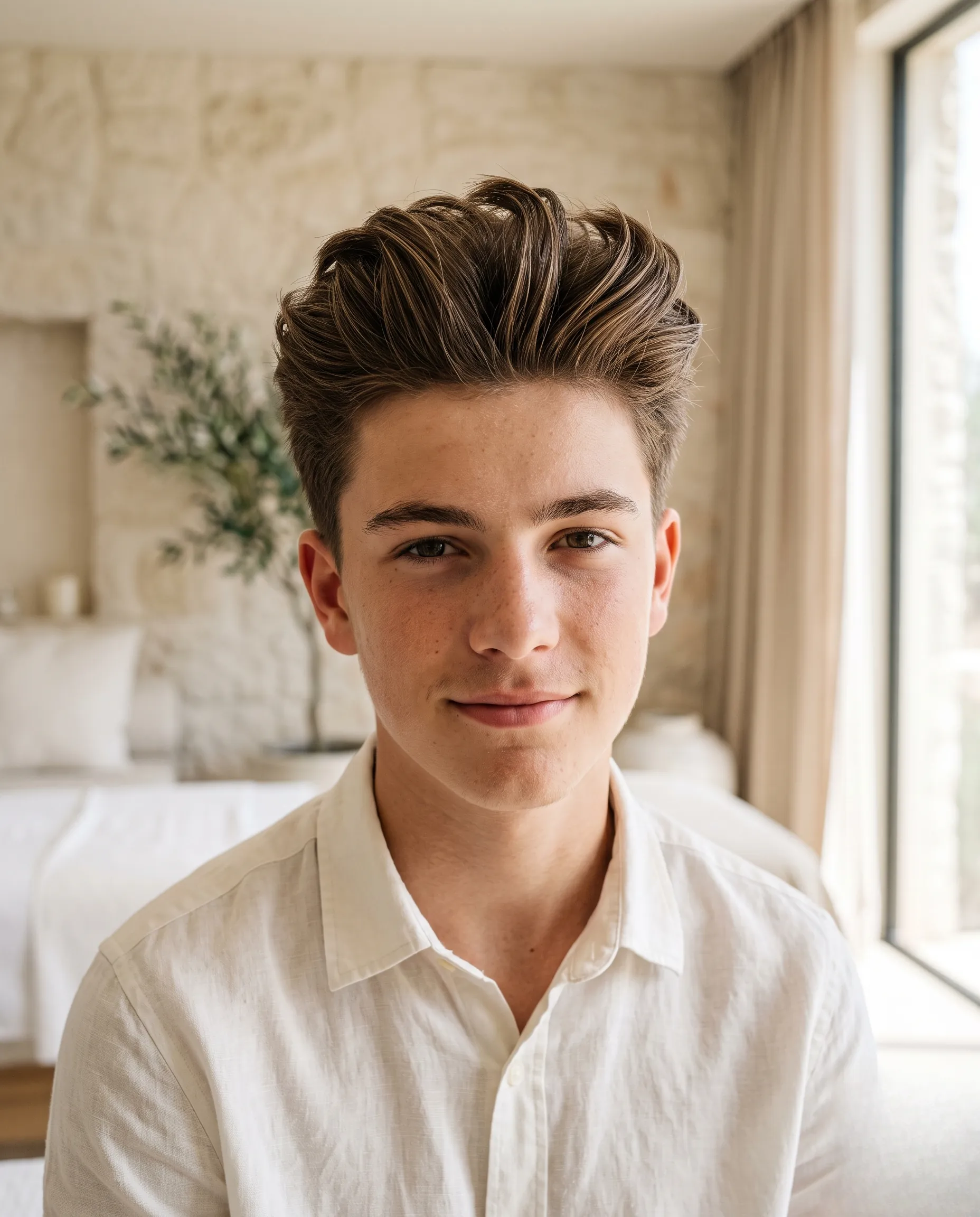 Portrait rapproché d'un adolescent avec une coiffure texturée naturelle dans une ambiance épurée de spa de luxe