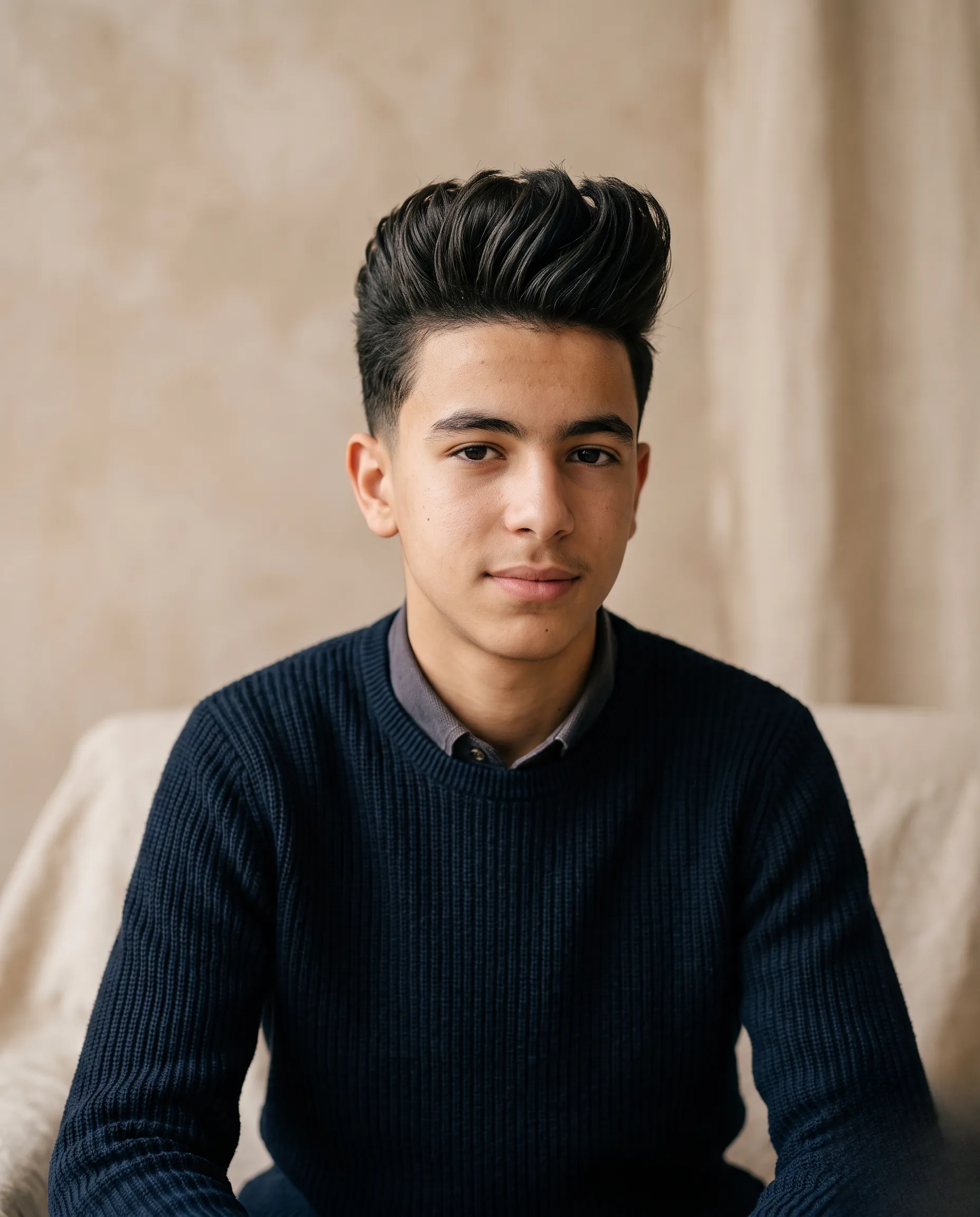 Jeune homme avec une coiffure texturée en quiff, accentuant le volume et la précision de la coupe
