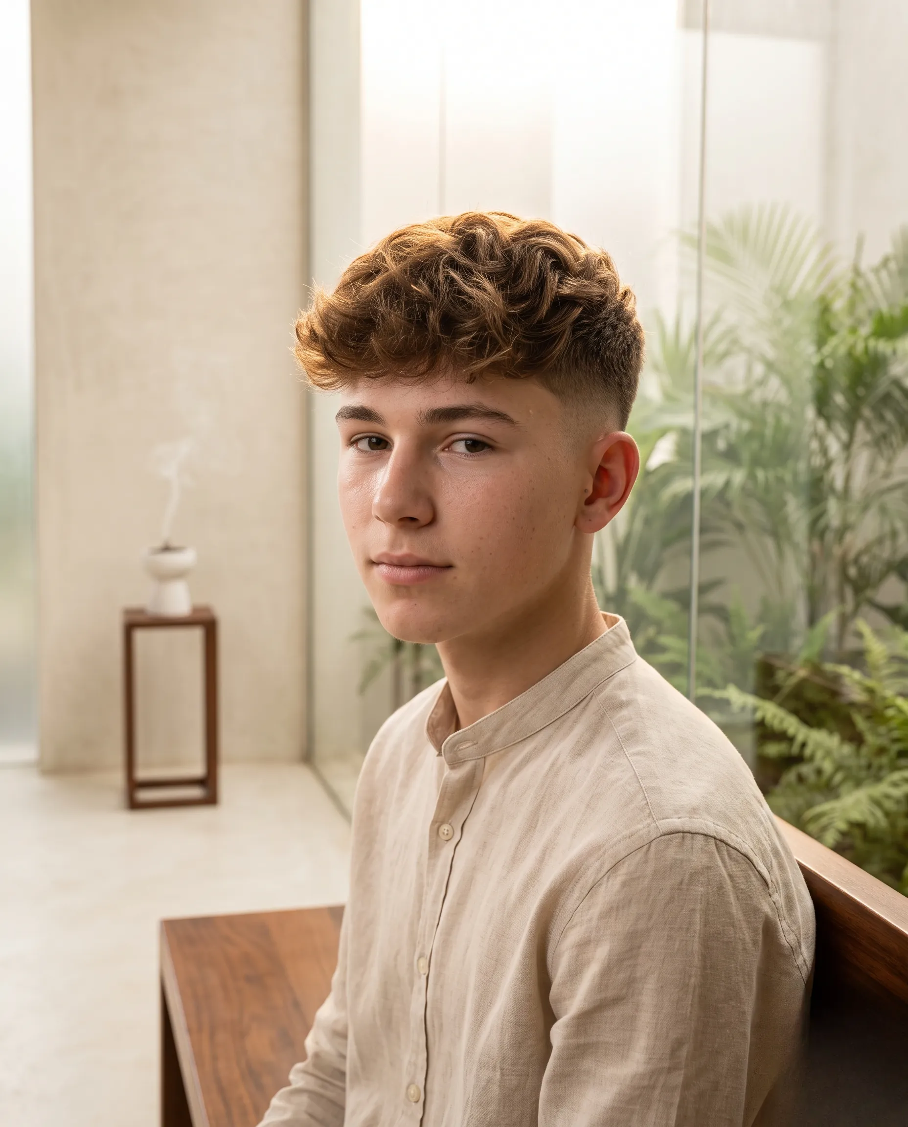Adolescent à la coupe fraîche, mis en valeur par une lumière douce dans un espace de luxe