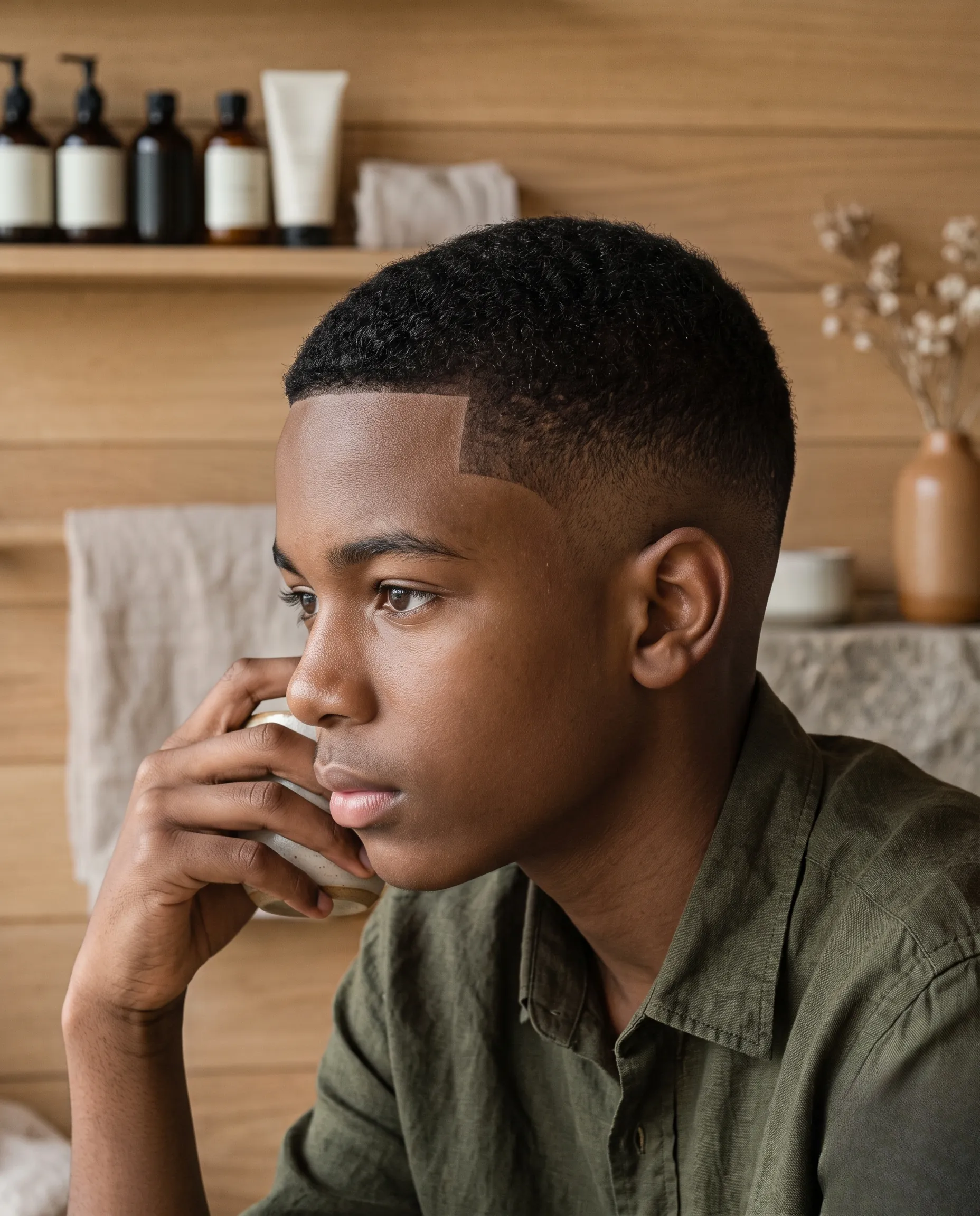 Portrait rapproché d'un adolescent avec une coiffure aux lignes impeccables dans un style éditorial haut de gamme