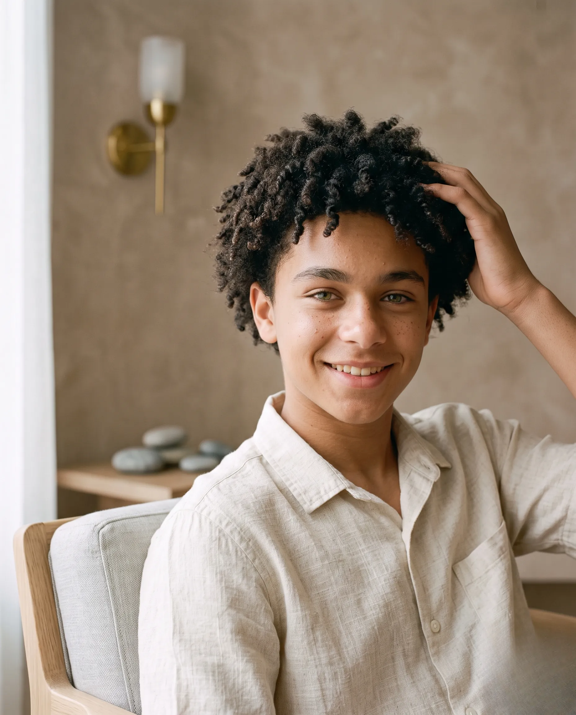 Coiffure adolescente naturelle et sophistiquée dans un décor de spa minimaliste et luxueux