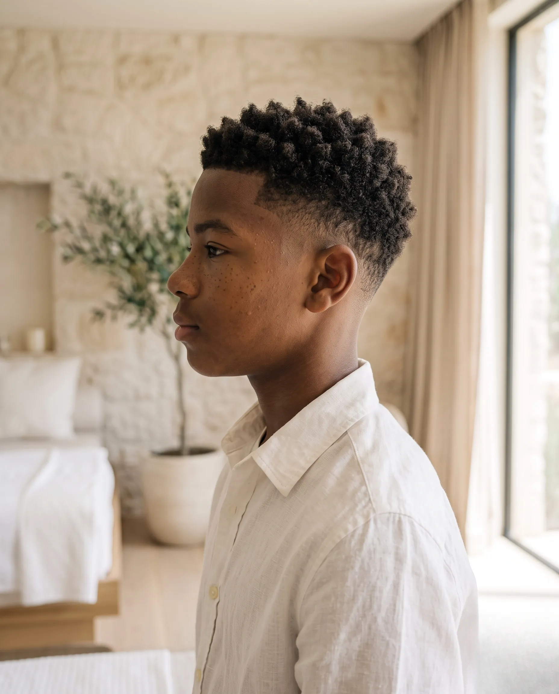 Profil d'un adolescent arborant une coiffure tendance dans une esthétique de design minimaliste