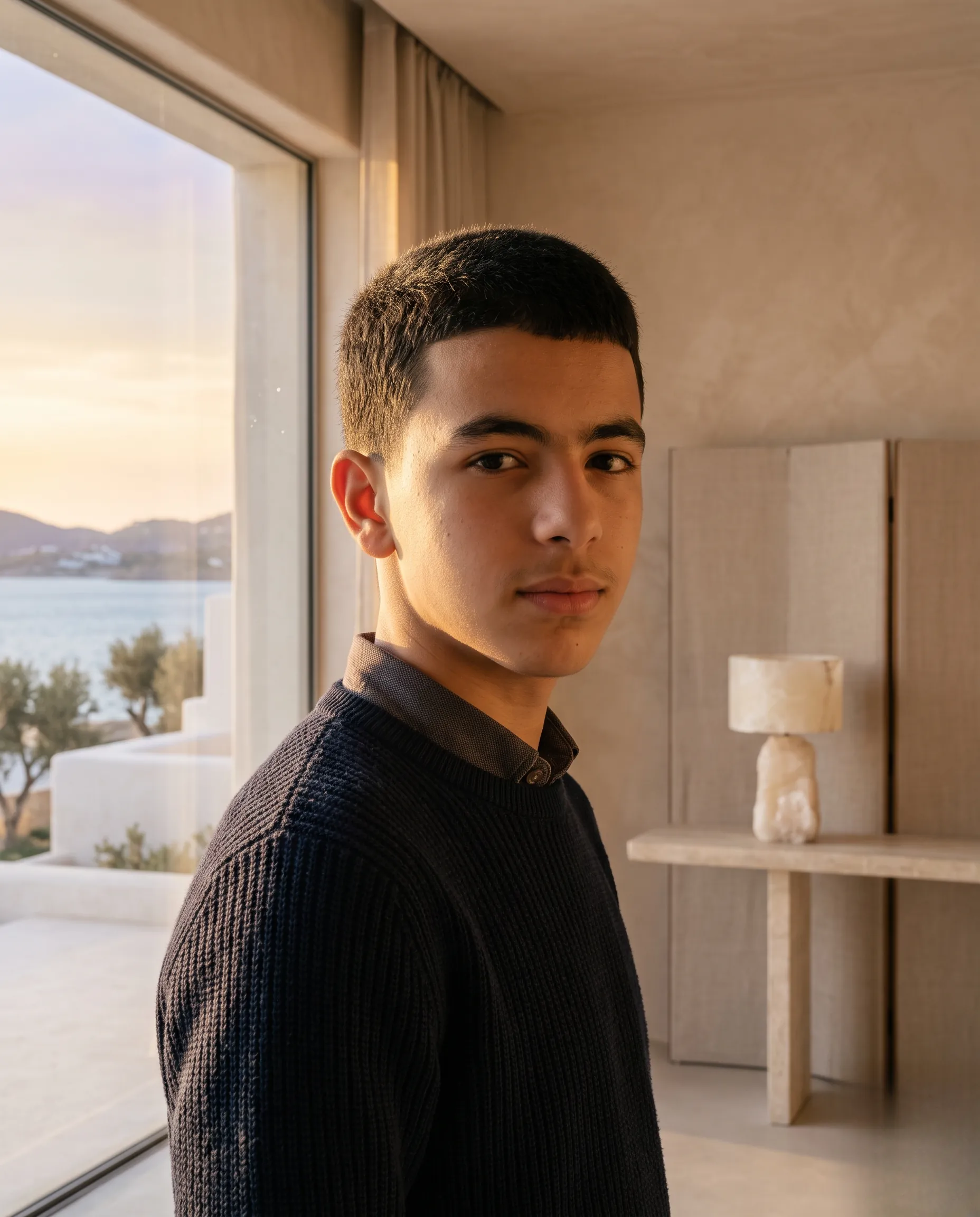 Adolescent avec une coupe courte propre, illuminé par une lumière dorée dans un environnement serein