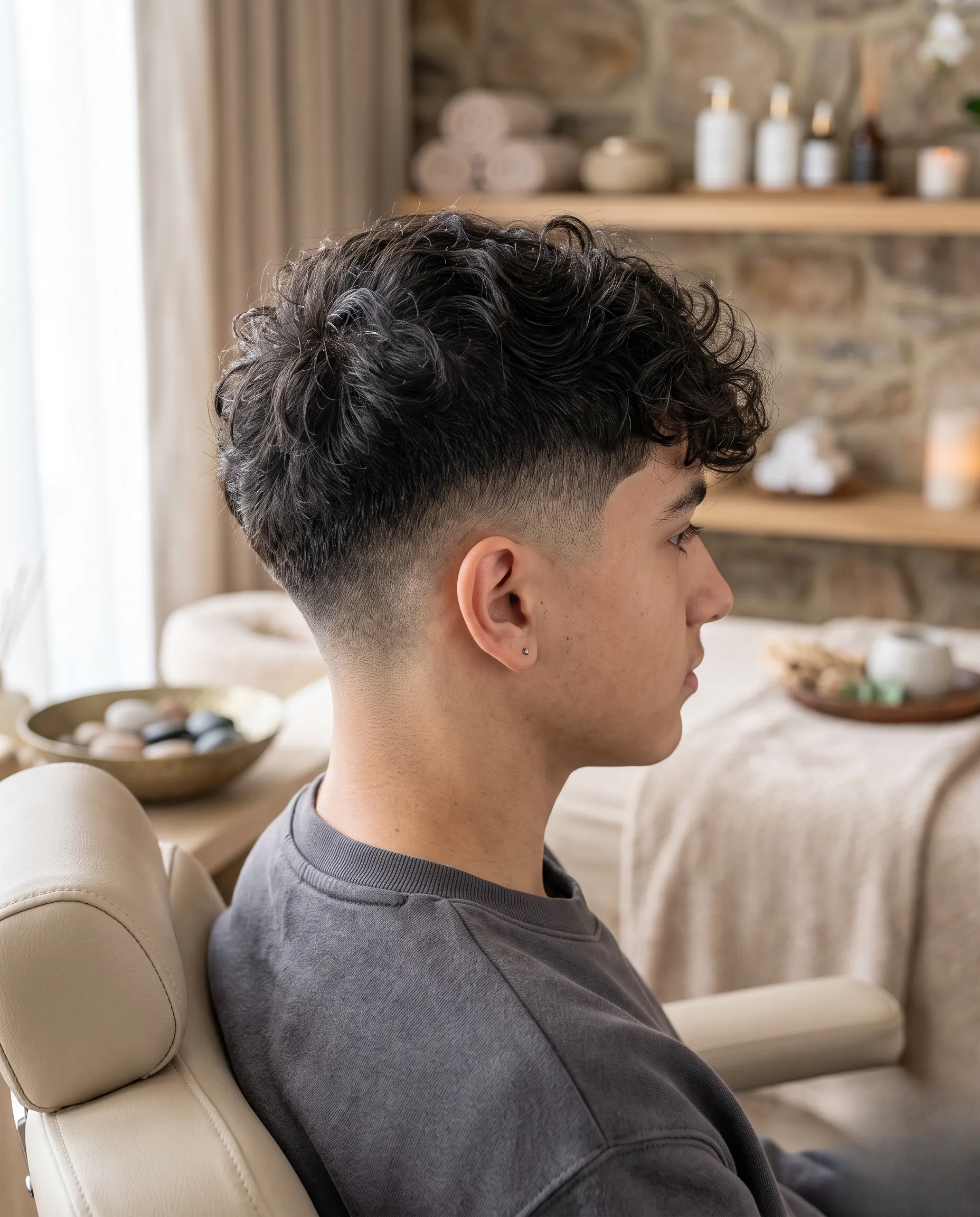 Détails extrêmes sur la texture de cheveux d'un adolescent dans un cadre luxueux et épuré