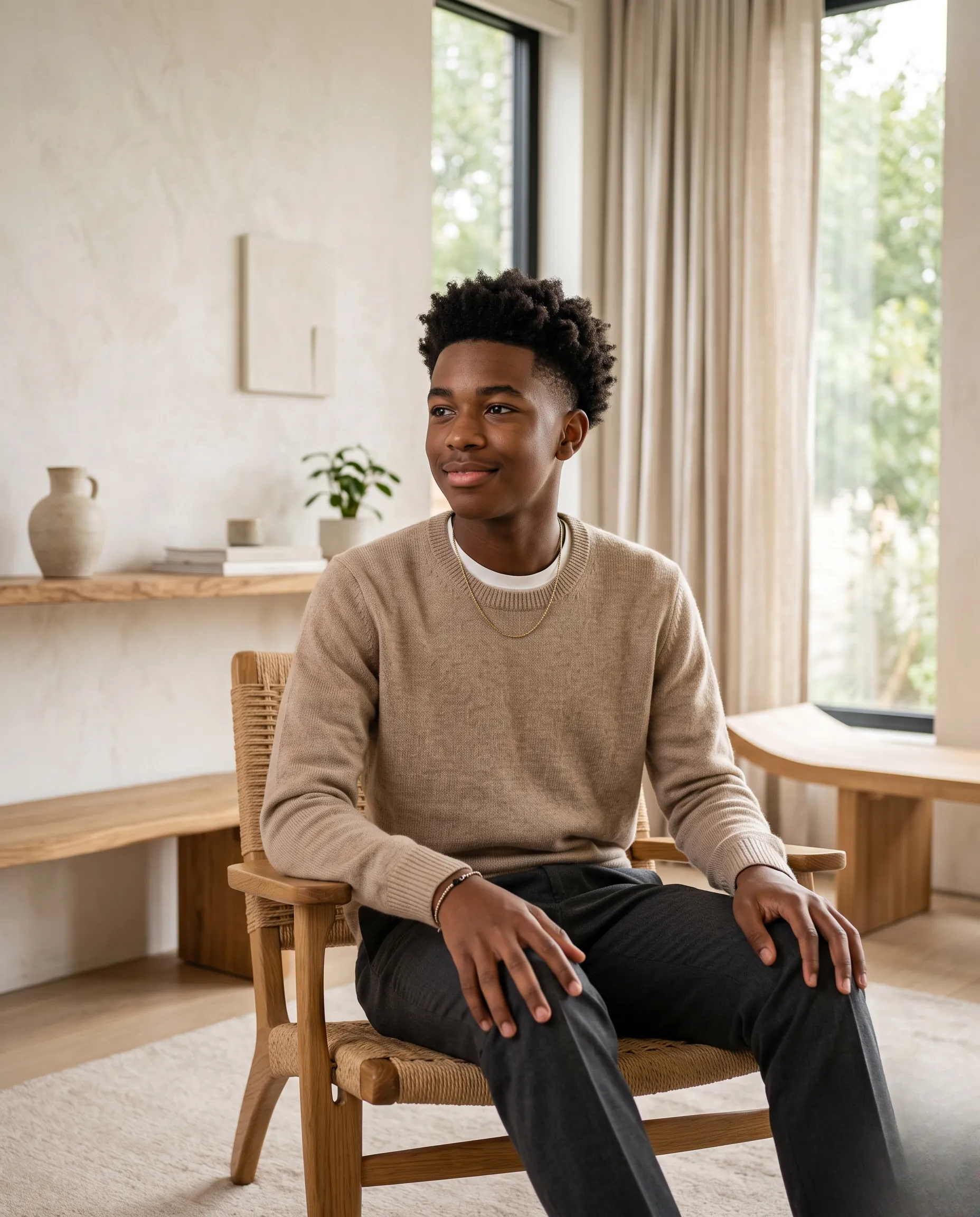 Adolescent à l'élégance moderne avec une coiffure courte, capturé dans un intérieur minimaliste de luxe