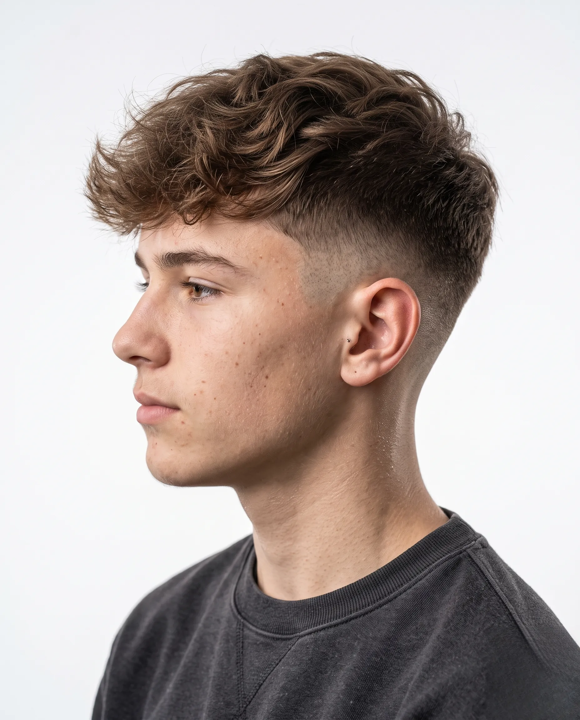 Profil d'un adolescent avec une coupe dégradée moderne et des cheveux texturés sur le dessus