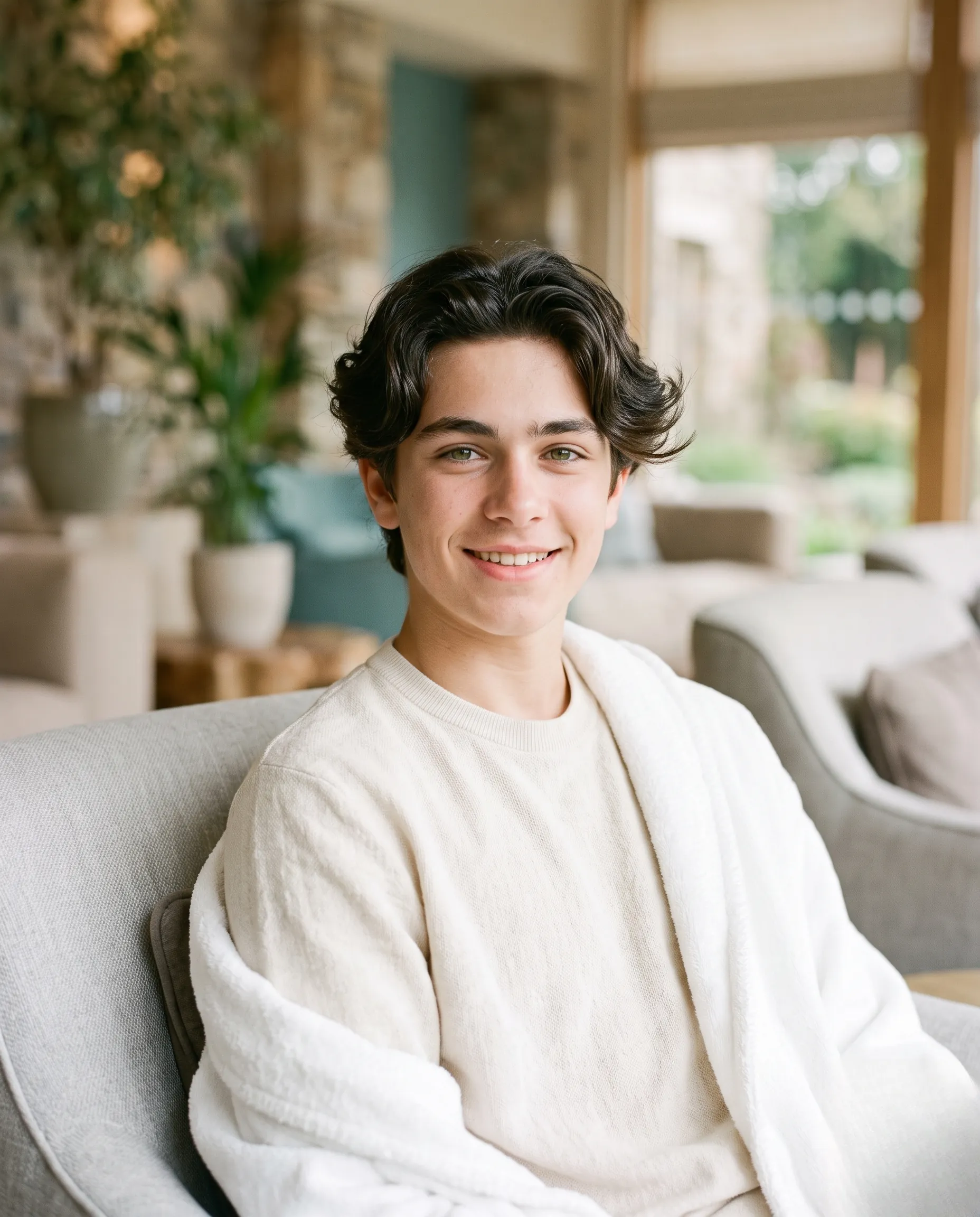Portrait d'un adolescent aux cheveux brillants et coiffés avec style dans une ambiance de sérénité totale