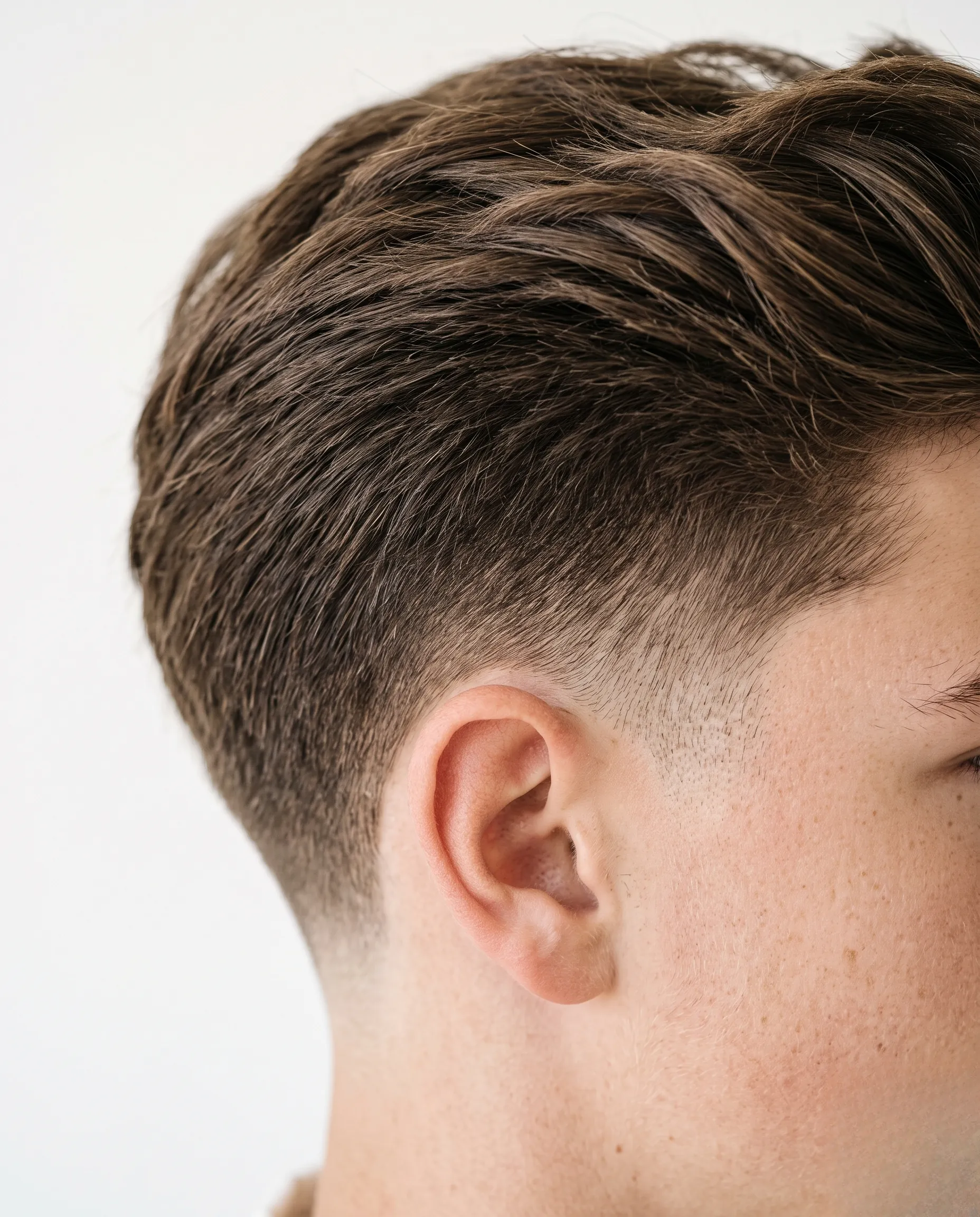 Gros plan sur une coupe dégradée ultra précise pour adolescent dans un cadre luxueux et minimaliste