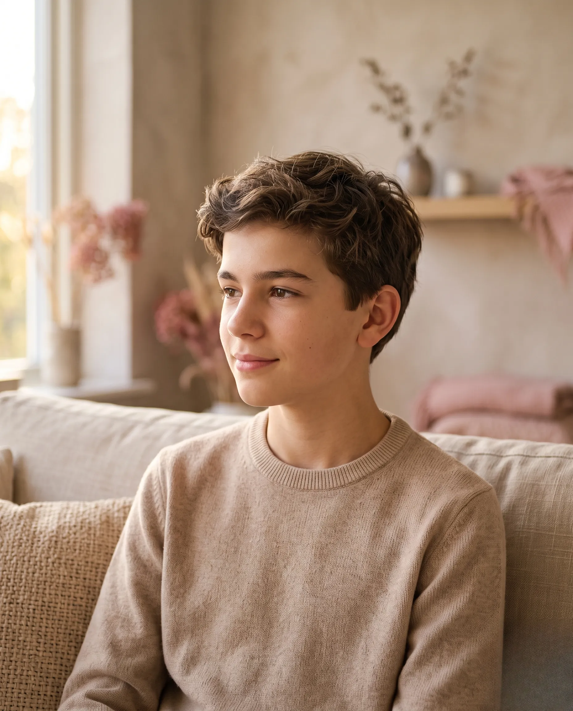 Adolescent avec des cheveux ondulés naturels et volumineux dans un décor intérieur paisible