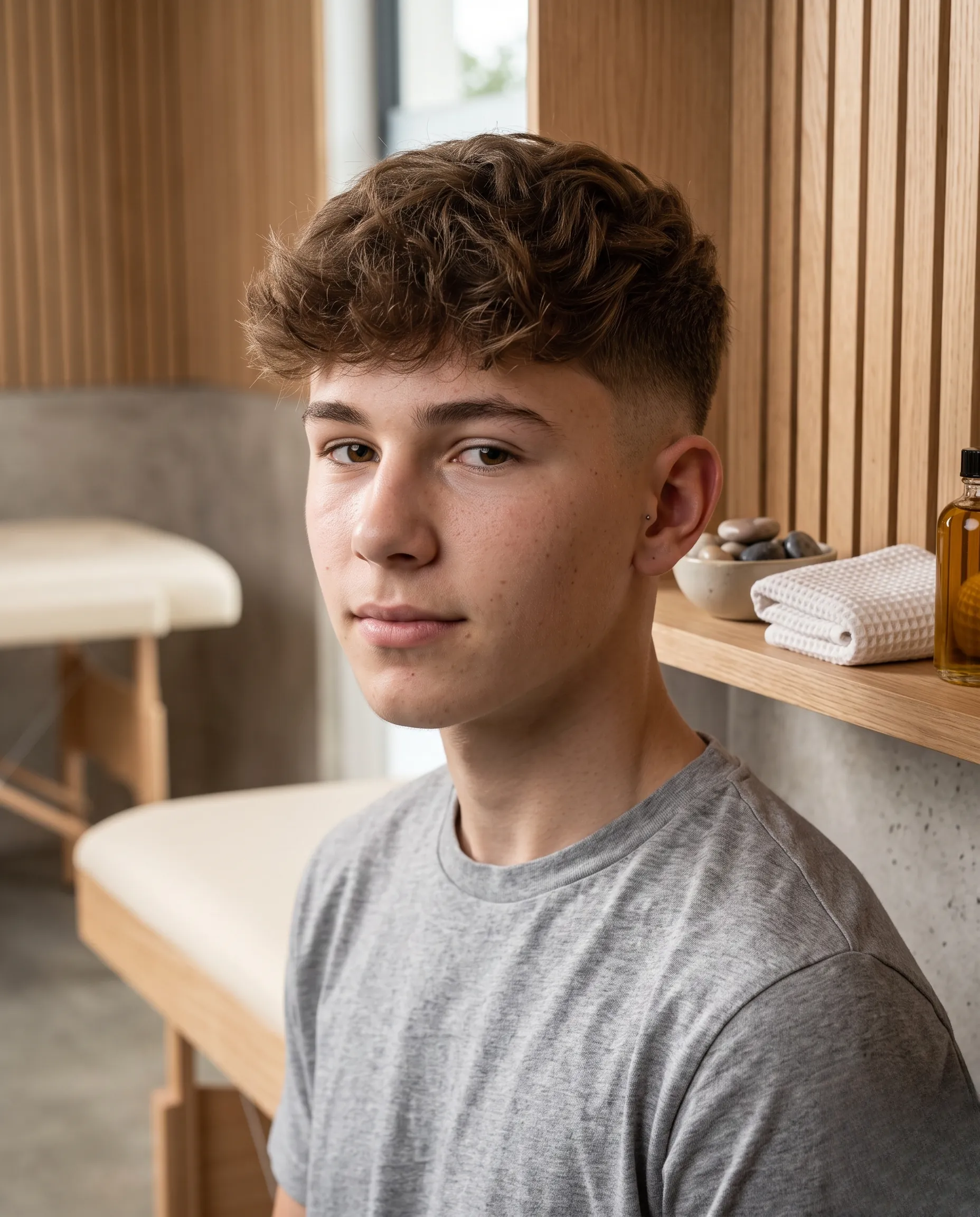Portrait élégant d'un adolescent aux cheveux soigneusement coiffés dans un cadre minimaliste