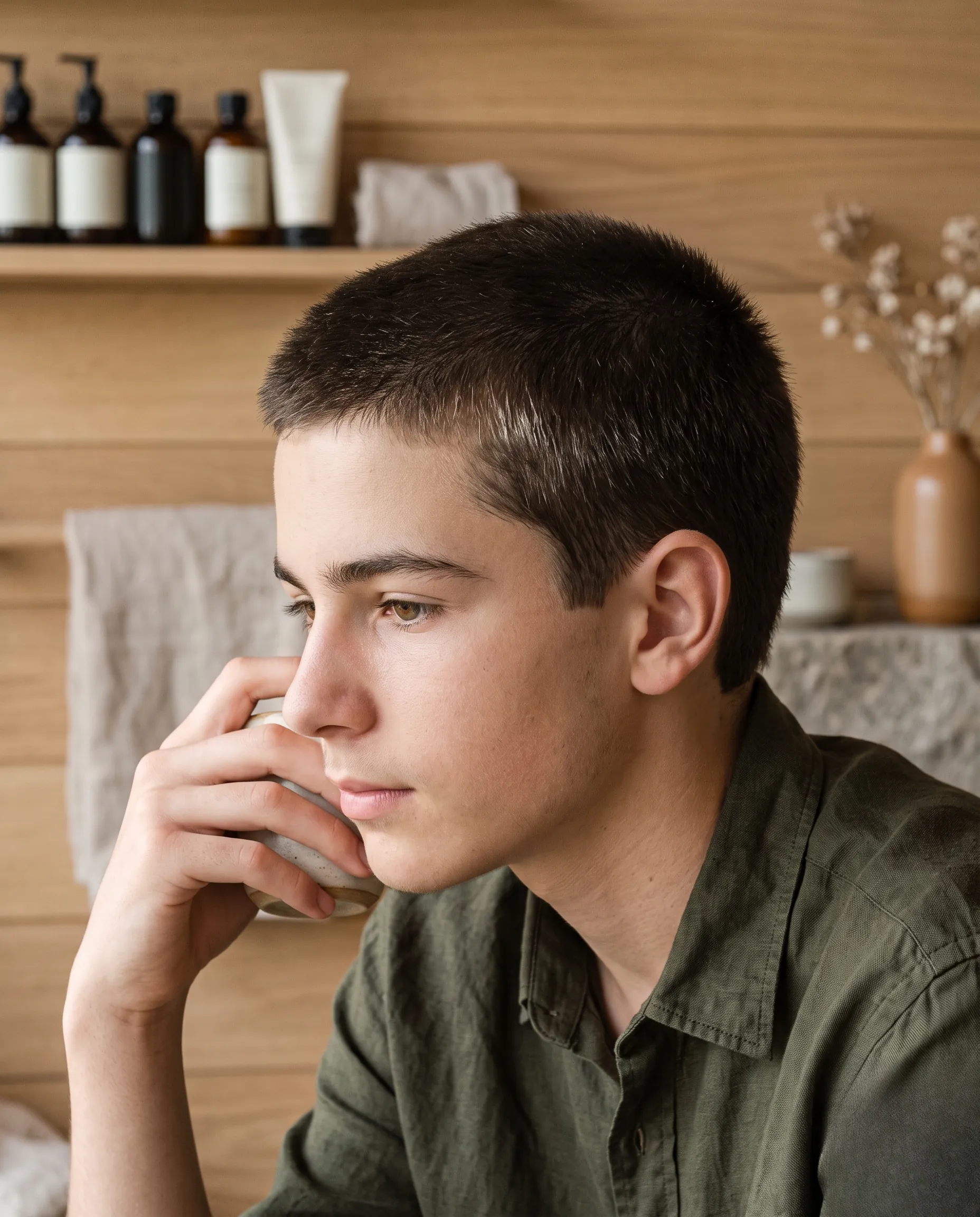 Adolescent aux cheveux courts et sains, reflétant une atmosphère de soin et de bien-être