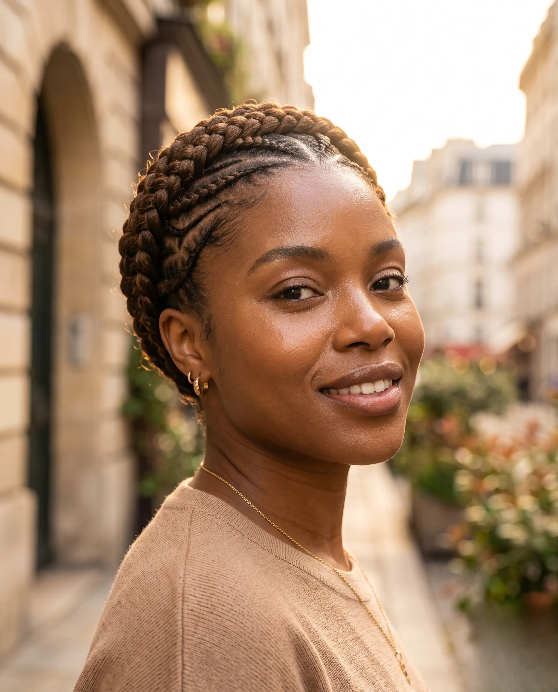 Vue en contre-plongée d'une femme avec des tresses collées en couronne sophistiquées