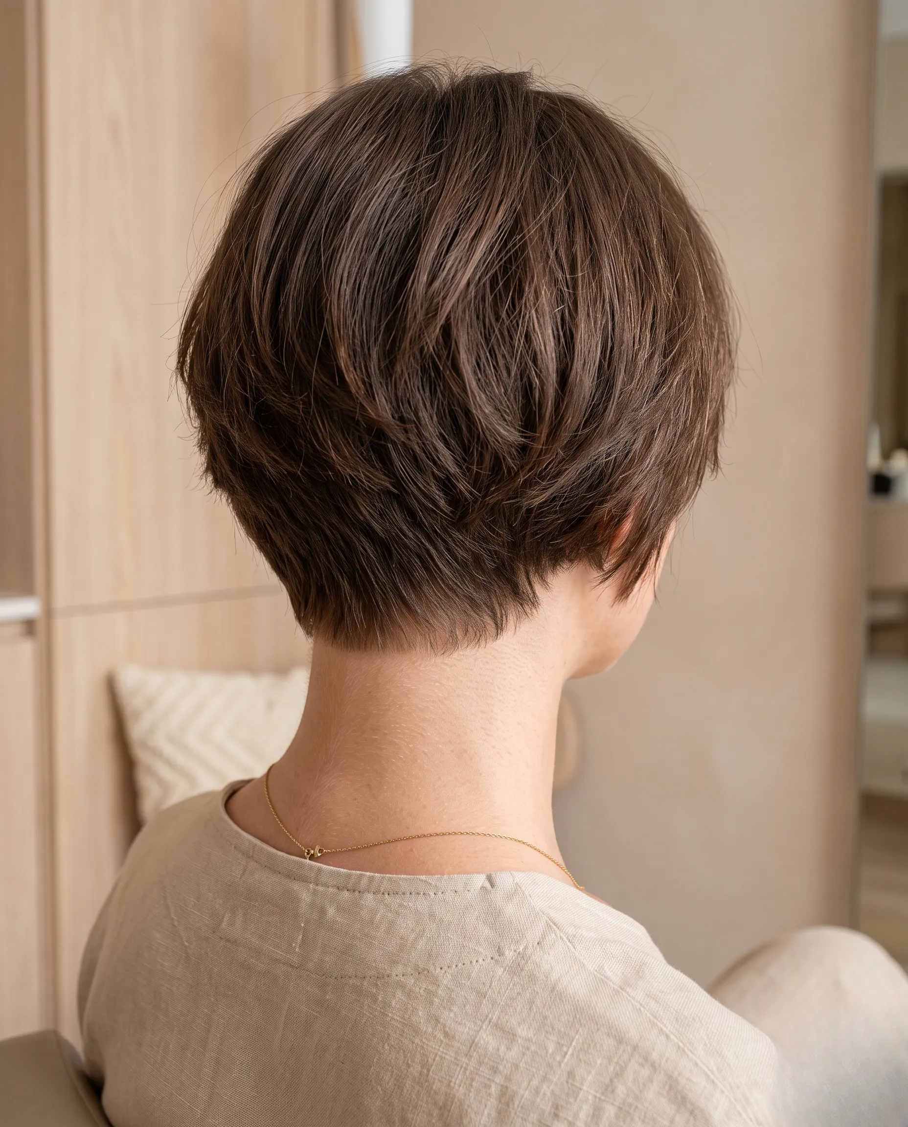 Macro détail sur la nuque d'une coupe courte dégradée féminine dans un style spa luxueux.