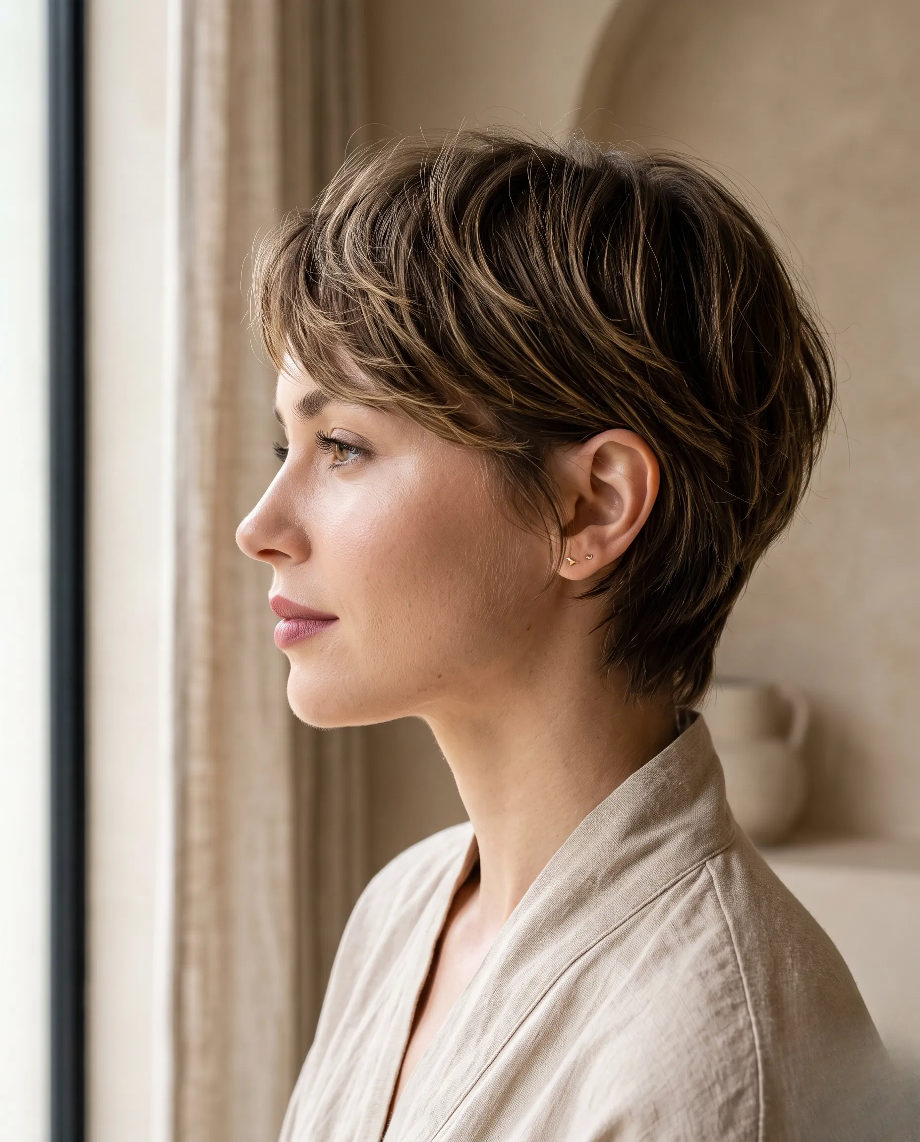 Gros plan de profil mettant en valeur la texture d'une coupe courte dégradée pour femme.