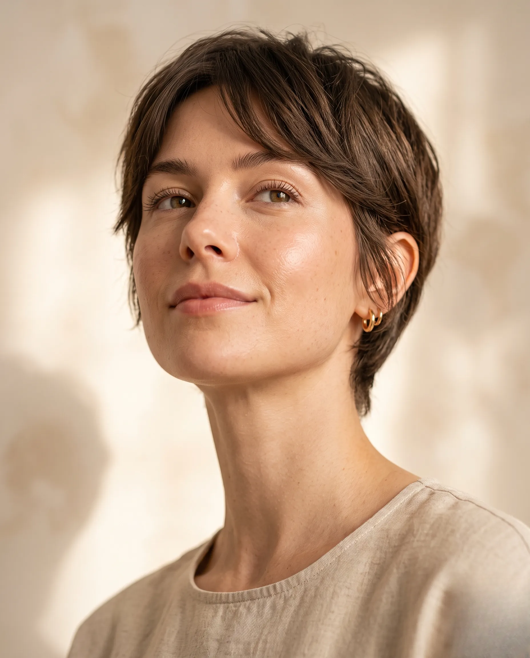 Portrait en contre-plongee douce d'une femme avec une coupe pixie moderne et dégradée.