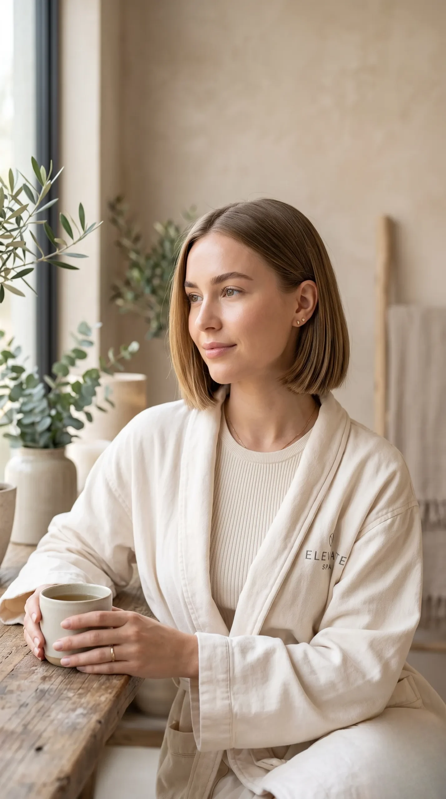 Femme avec une coupe au carré droite sur cheveux fins dans un environnement spa minimaliste et luxueux.