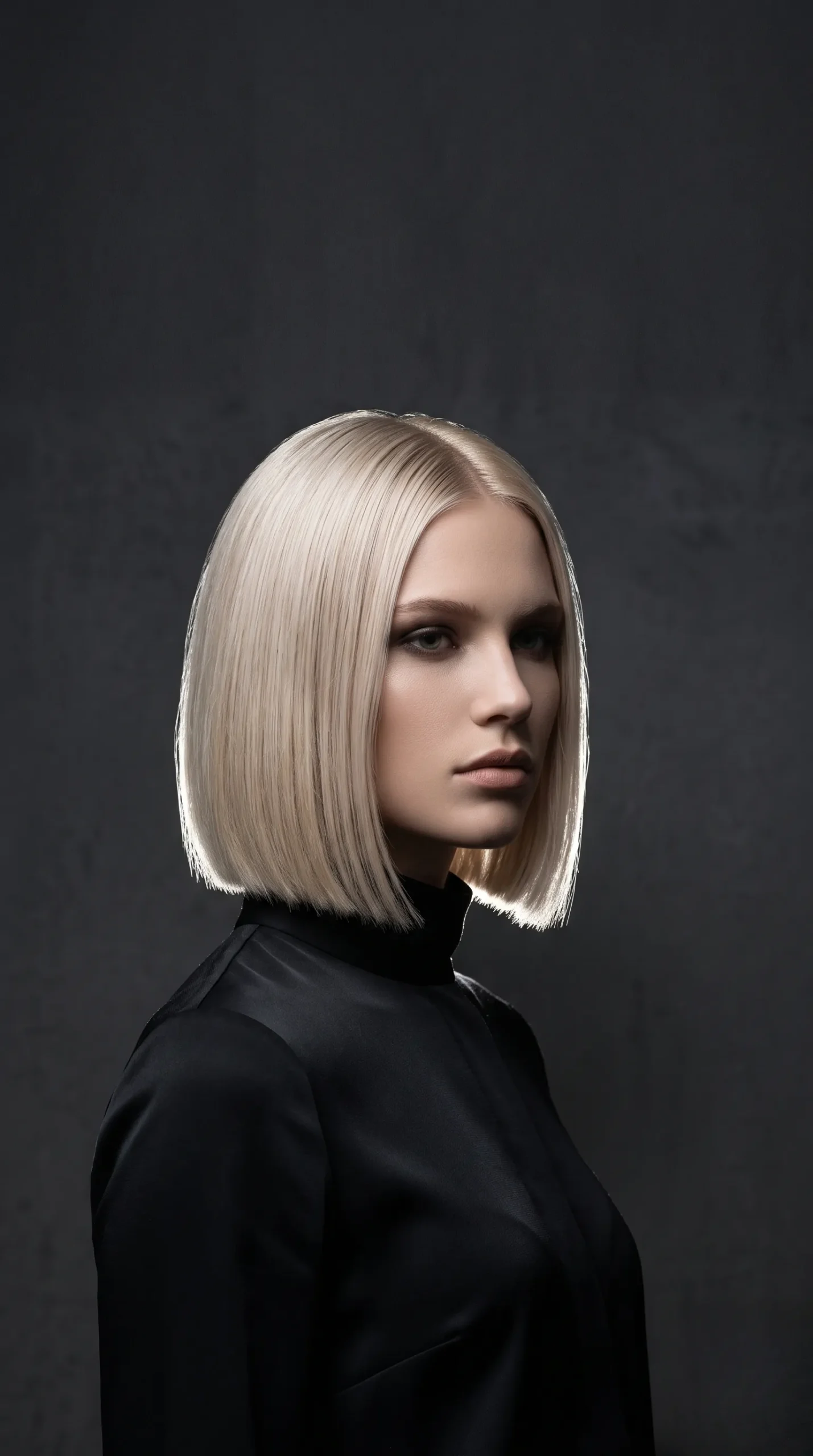 Coiffure lisse et sophistiquée pour cheveux fins avec un éclairage dramatique.