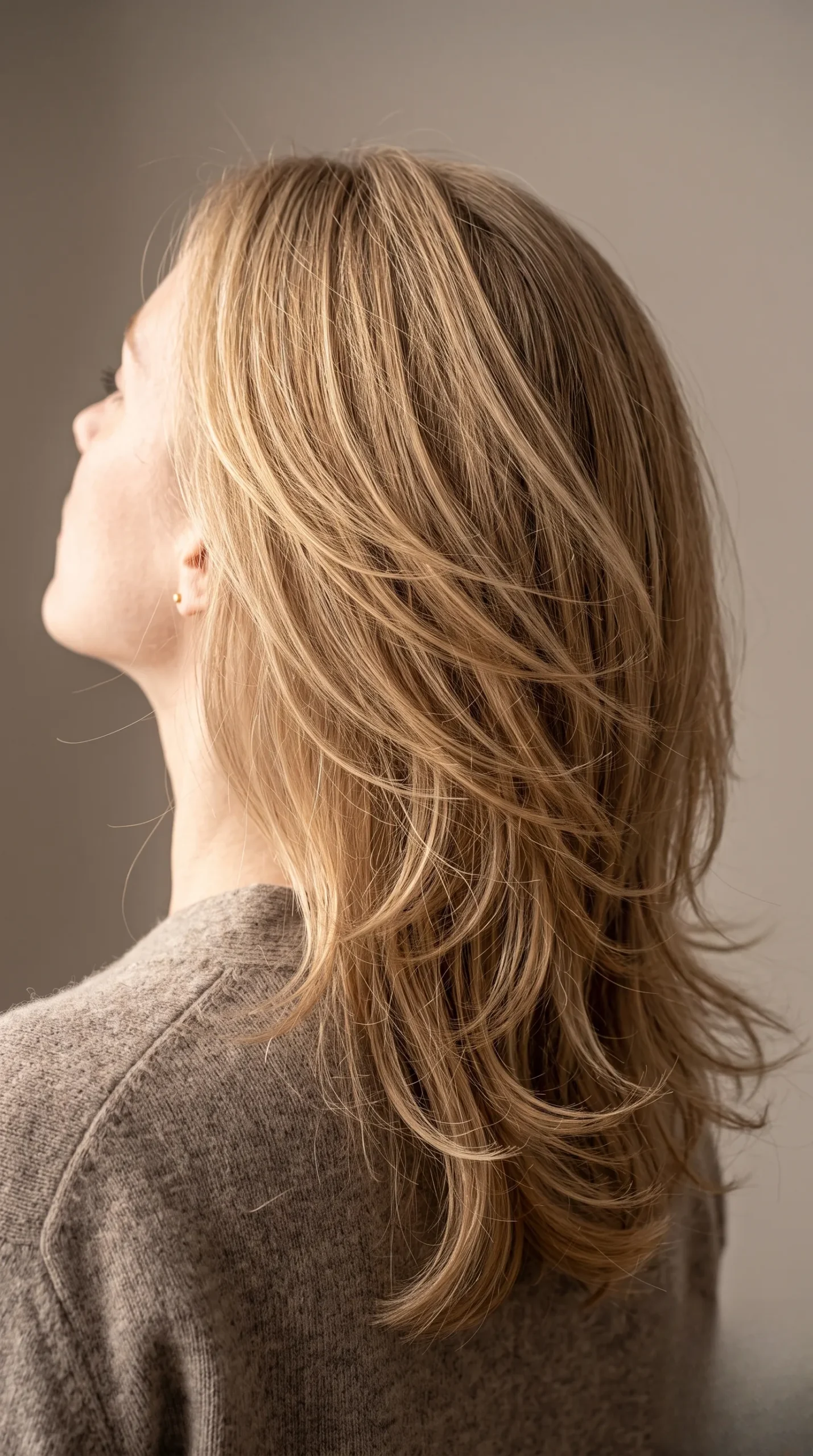 Angle dynamique d'une coupe dégradée apportant du mouvement aux cheveux fins.