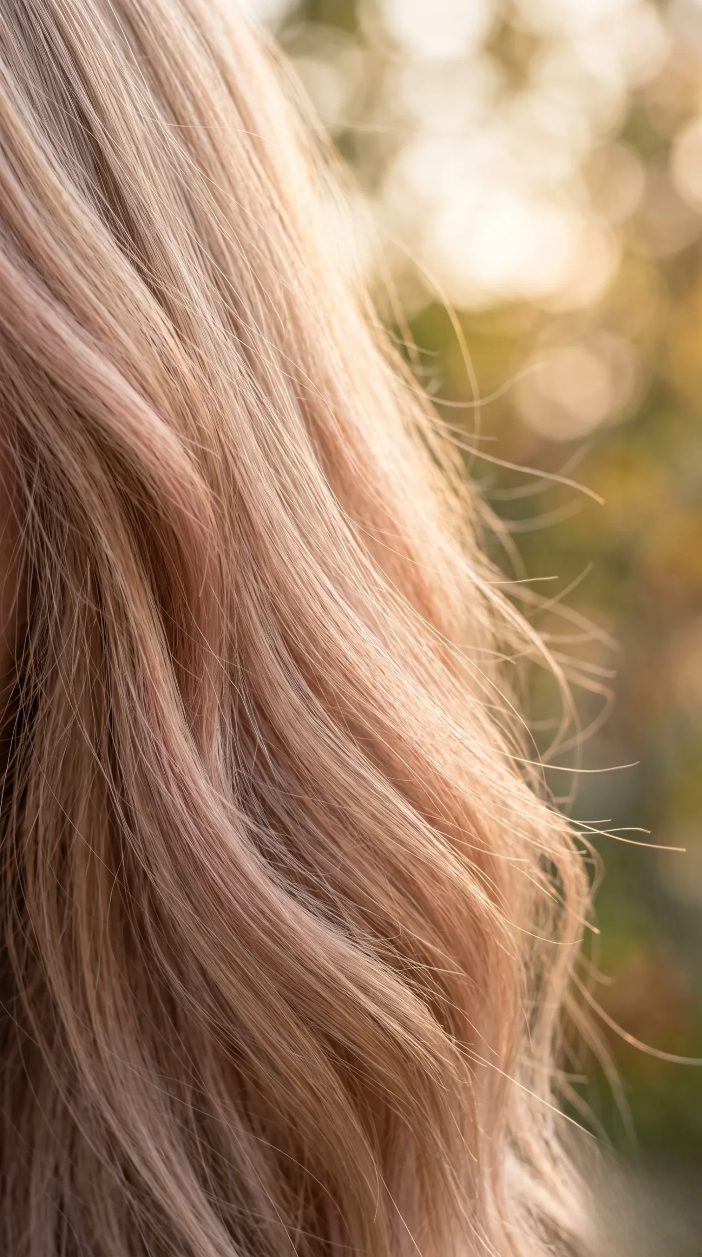 Gros plan sur la texture soyeuse de cheveux fins avec un reflet lumineux lors de l'heure dorée.