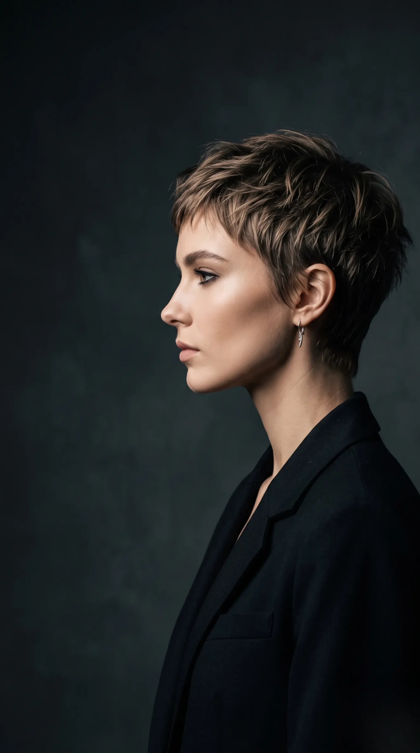 Vue de profil d'une coupe pixie sur cheveux fins avec un éclairage de studio dramatique.