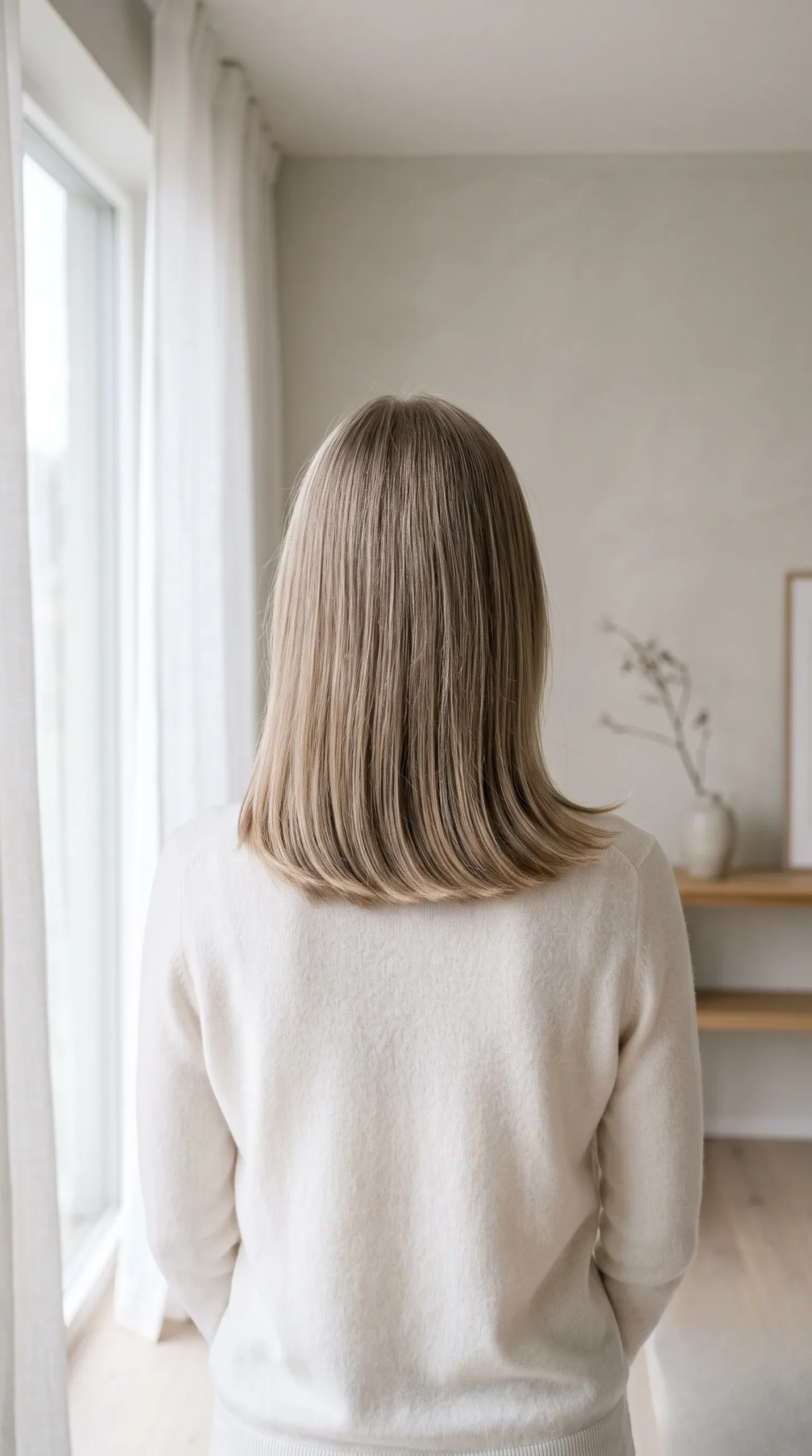 Vue arrière d'une coupe mi-longue sur cheveux fins dans une atmosphère lumineuse et sereine.