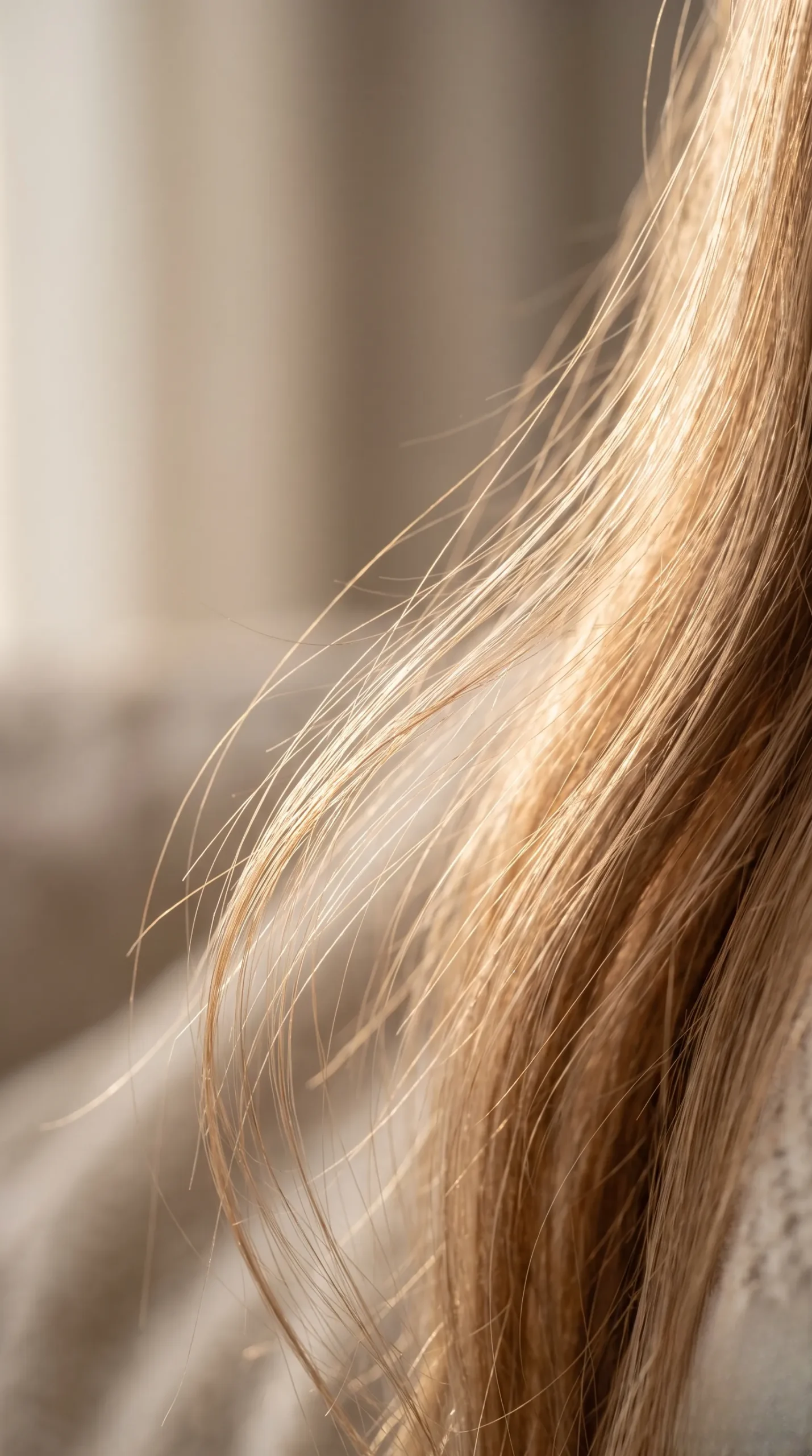 Mouvement artistique de mèches de cheveux fins capturées dans la lumière douce.