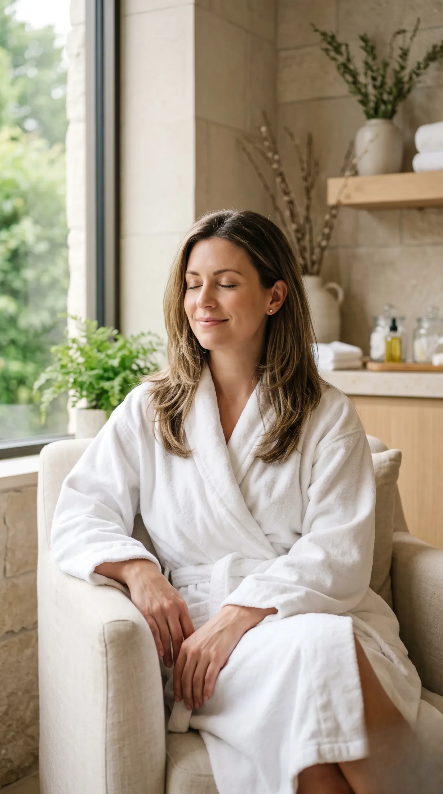 Femme en peignoir avec une coupe mi-longue dégradée dans un cadre de spa serein.