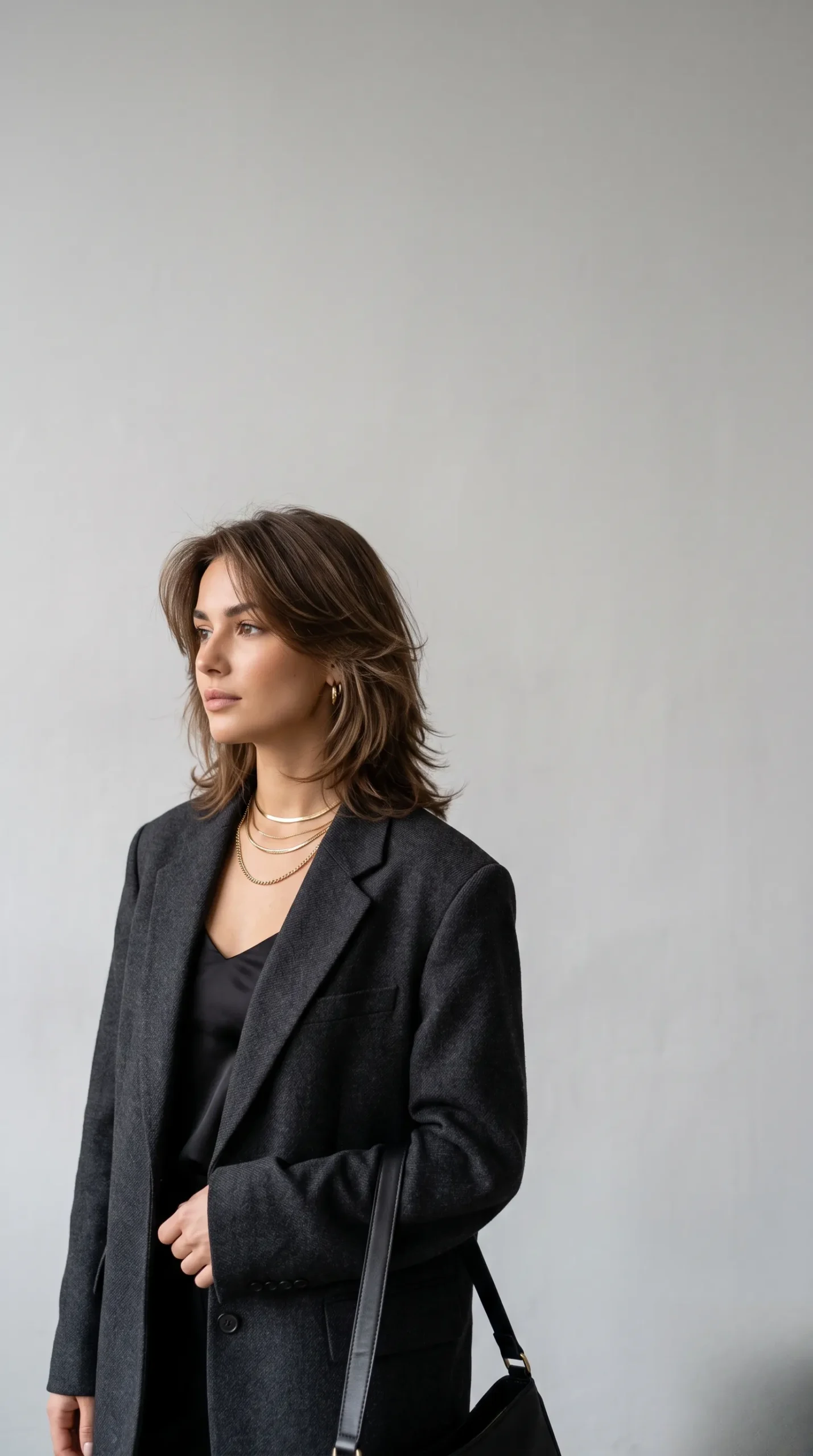 Plan moyen d'une femme avec une coupe mi-longue dégradée dans un style magazine.