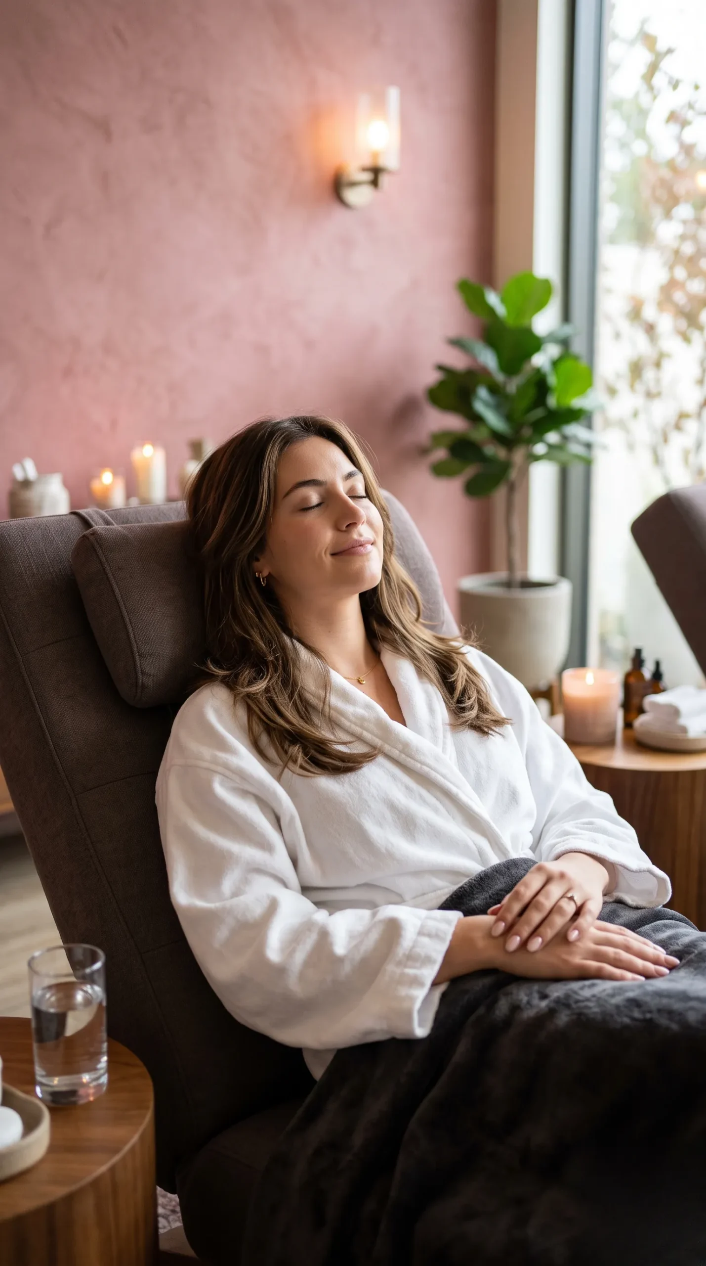 Femme détendue dans un spa portant une coupe mi-longue dégradée.
