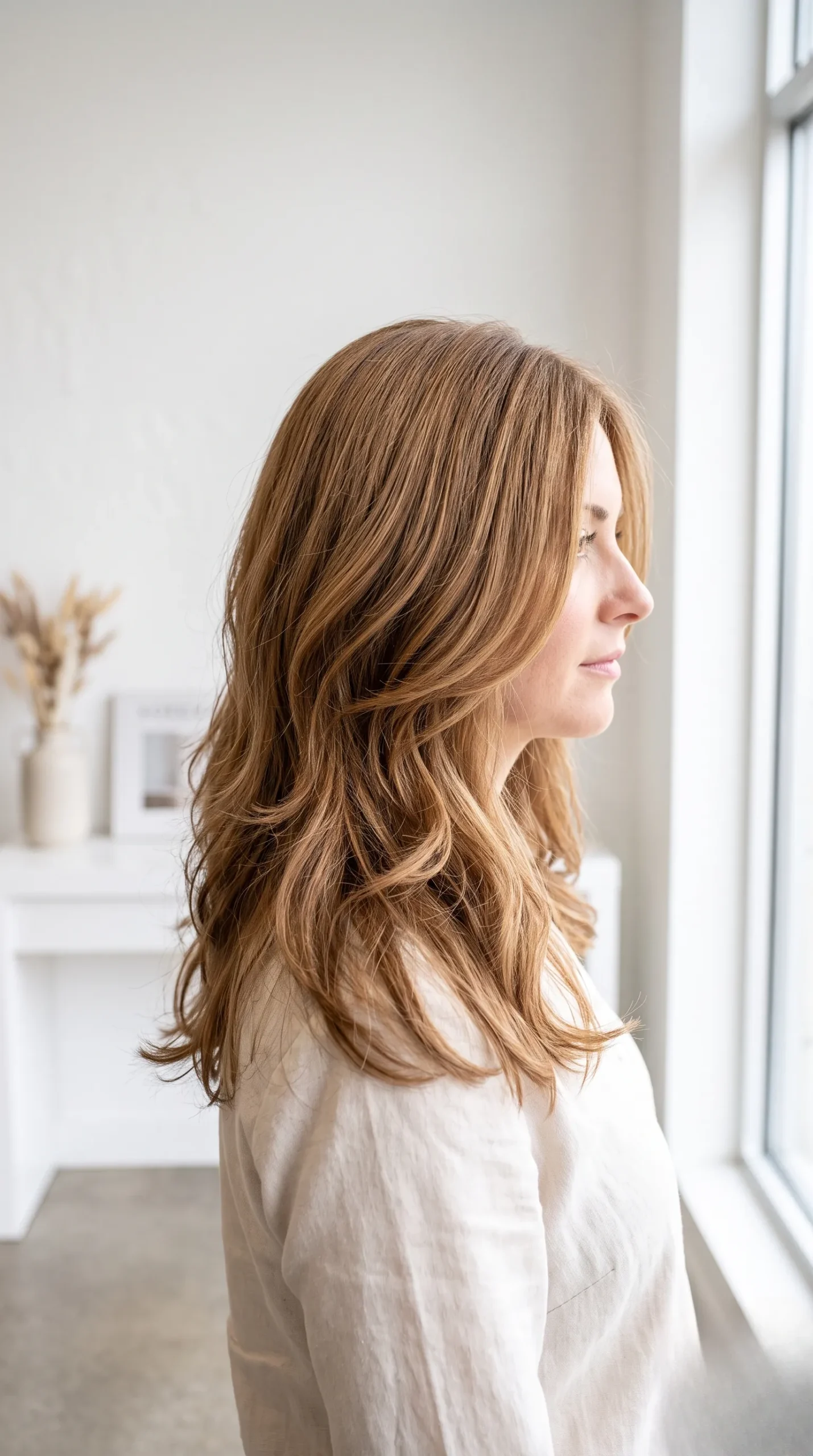Coupe mi-longue dégradée illuminée par une lumière douce naturelle.