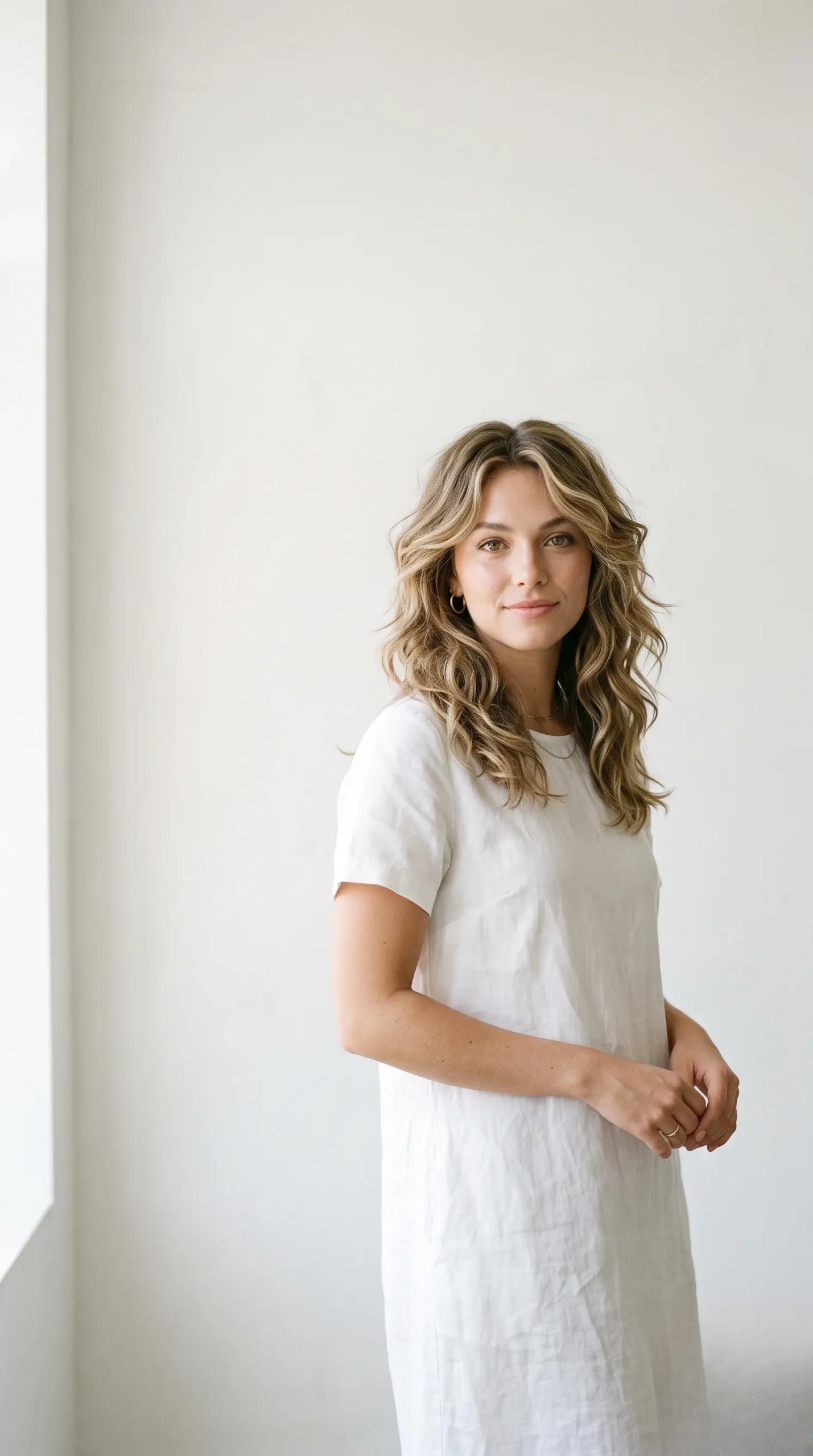 Femme moderne avec une coupe mi-longue dégradée dans un studio épuré, idéal pour une mise en page éditoriale.
