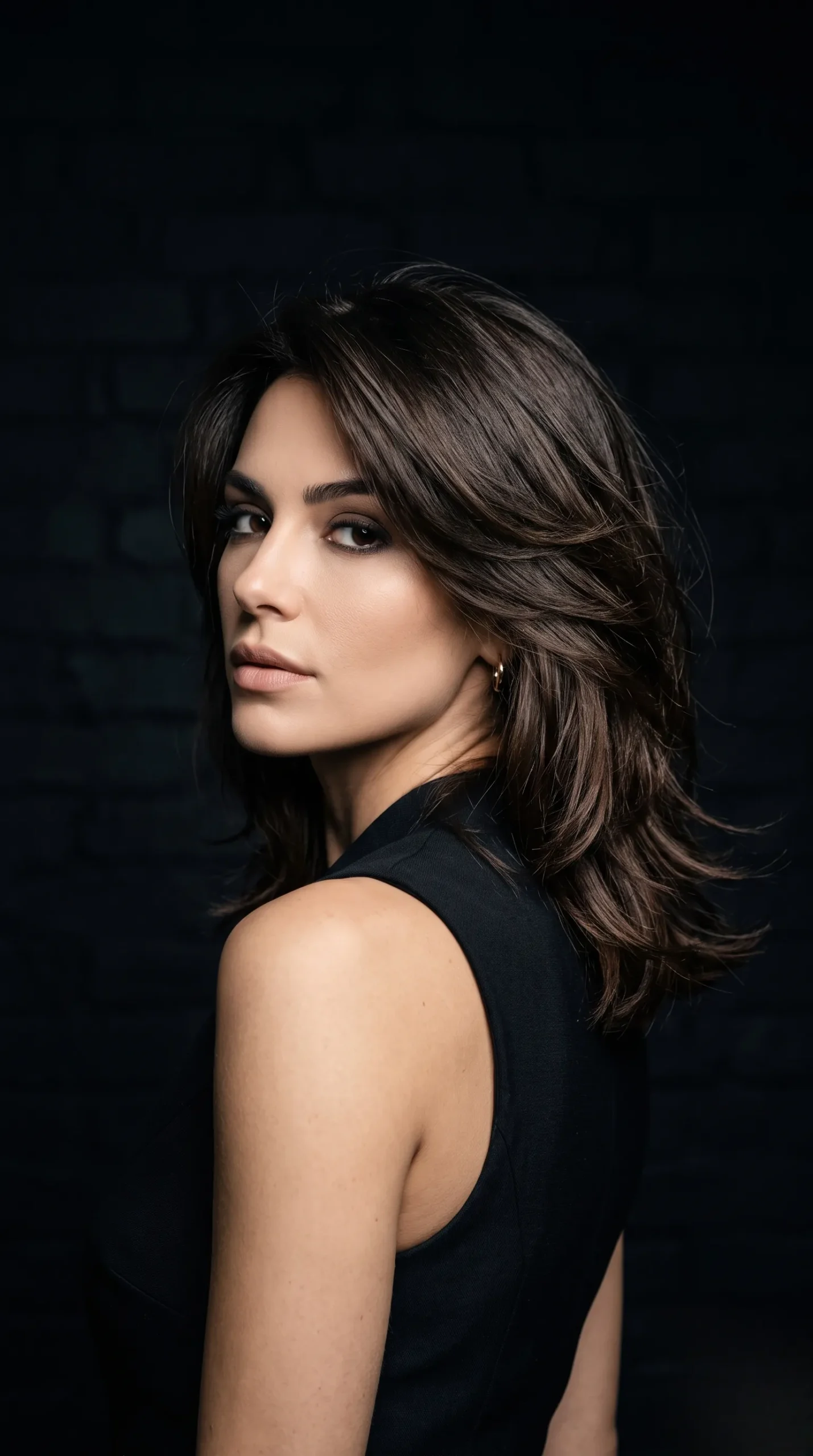 Photographie de mode sophistiquée d'une femme avec une coupe mi-longue dégradée sur fond sombre.