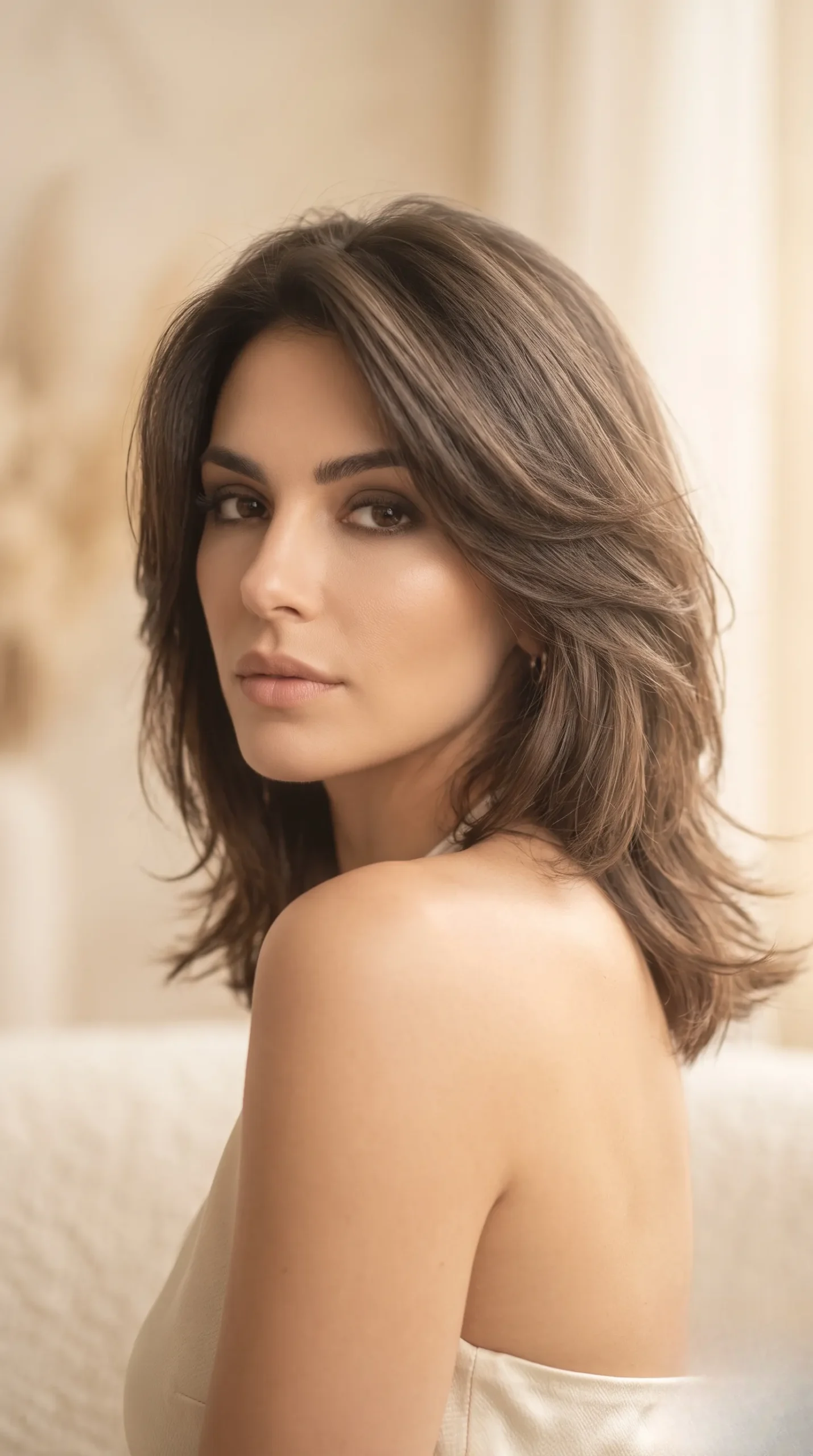Femme avec un teint radieux et une coupe mi-longue dégradée dans une ambiance luxueuse.