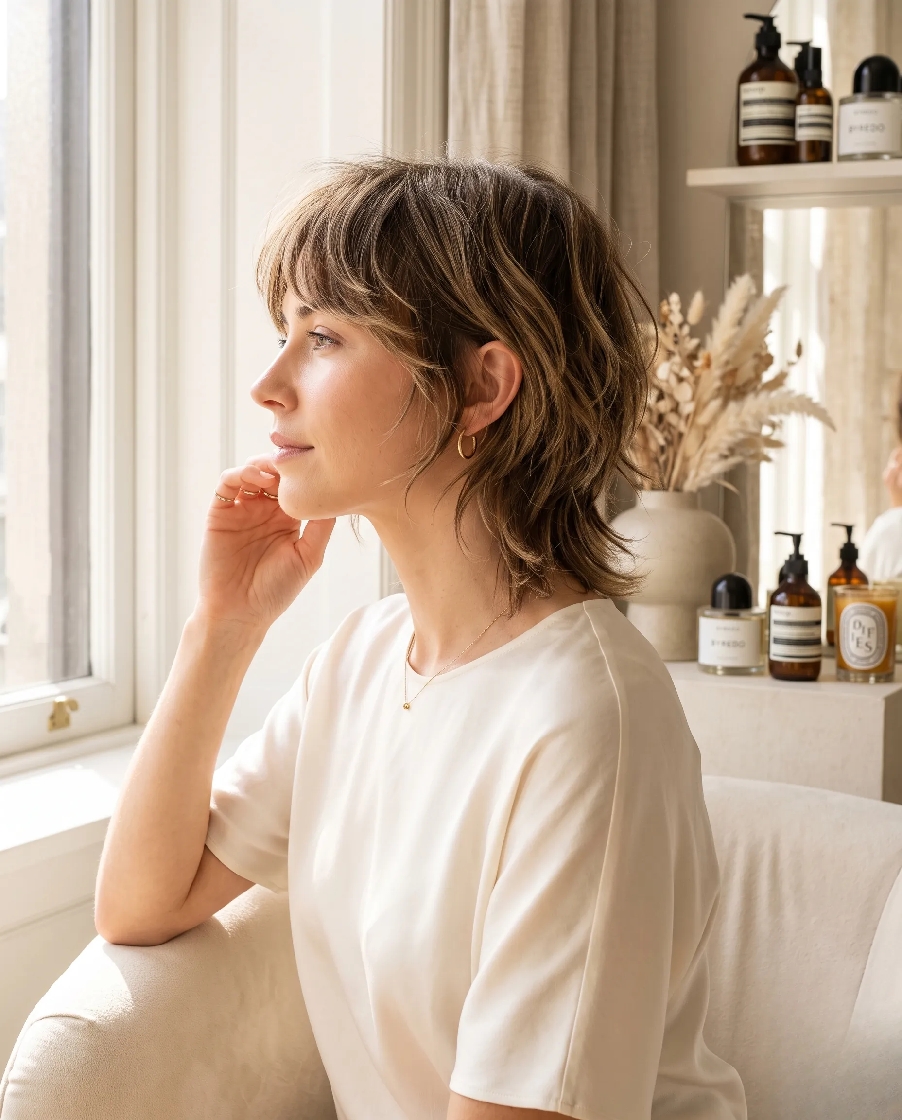 Profil élégant mettant en valeur une coupe shag courte aux multiples couches texturées.