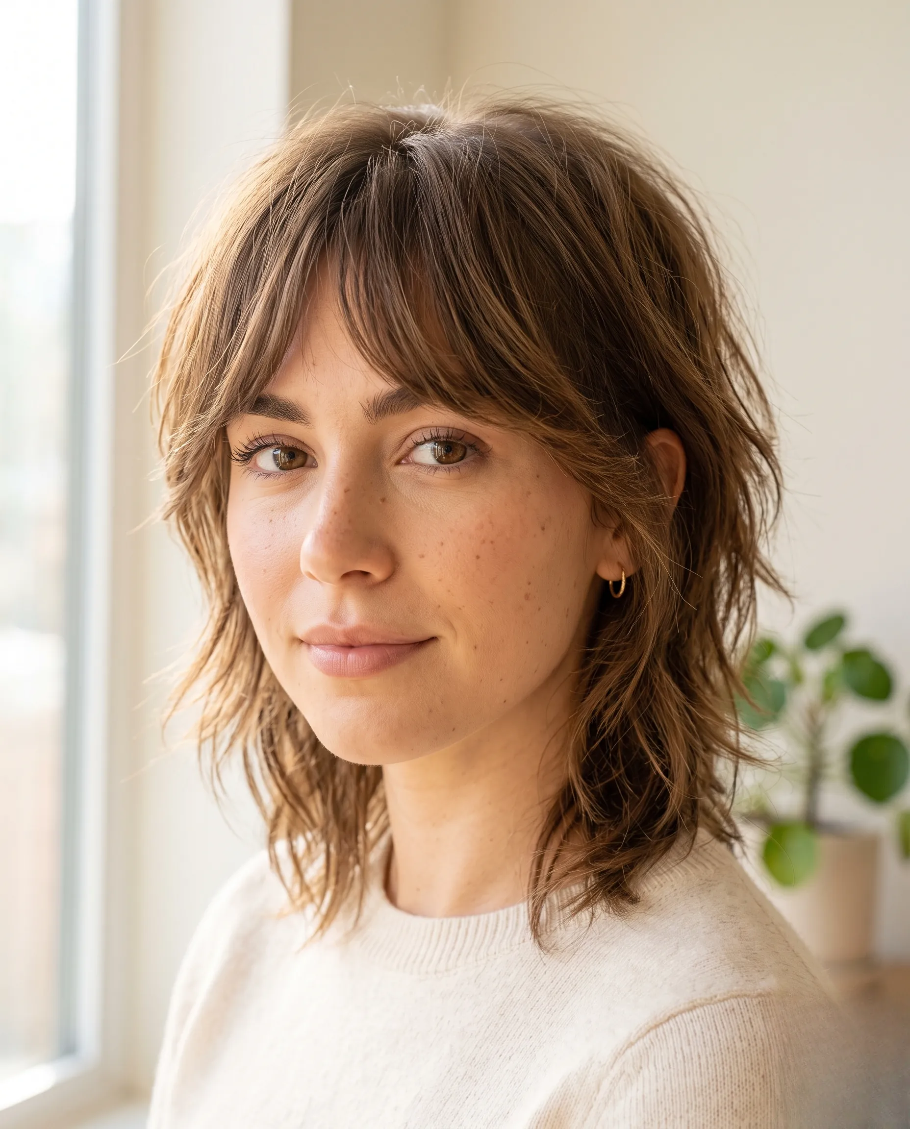 Gros plan sur une coupe shag tendance avec une frange rideau soulignant le regard.