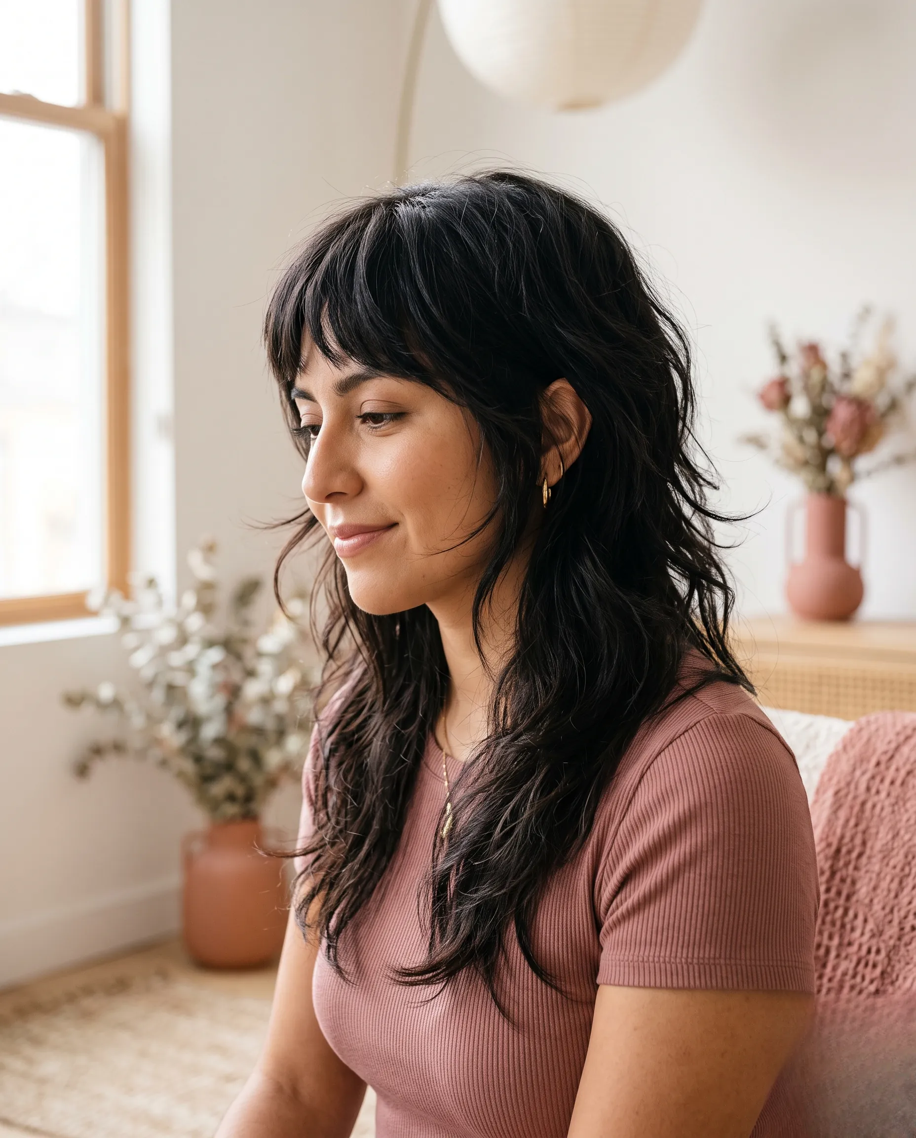 Angle de vue artistique sur une coupe shag avec un décor aux accents de rose poudré.