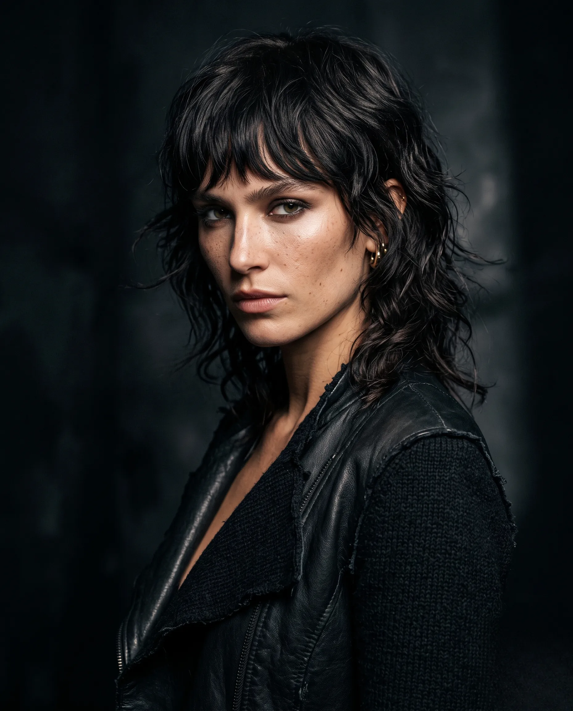 Photographie de mode sophistiquée mettant en valeur une coupe shag texturée sous un éclairage studio dramatique.