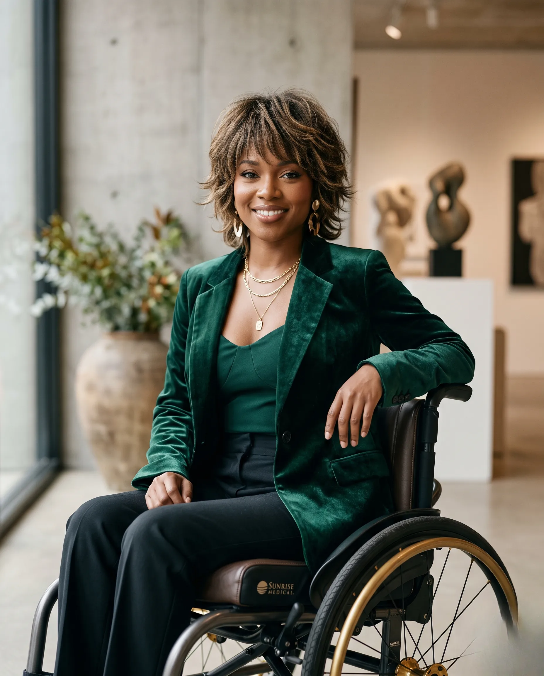Portrait de mode d'une femme avec un handicap moteur arborant une coupe shag moderne dans une lumière douce et élégante.