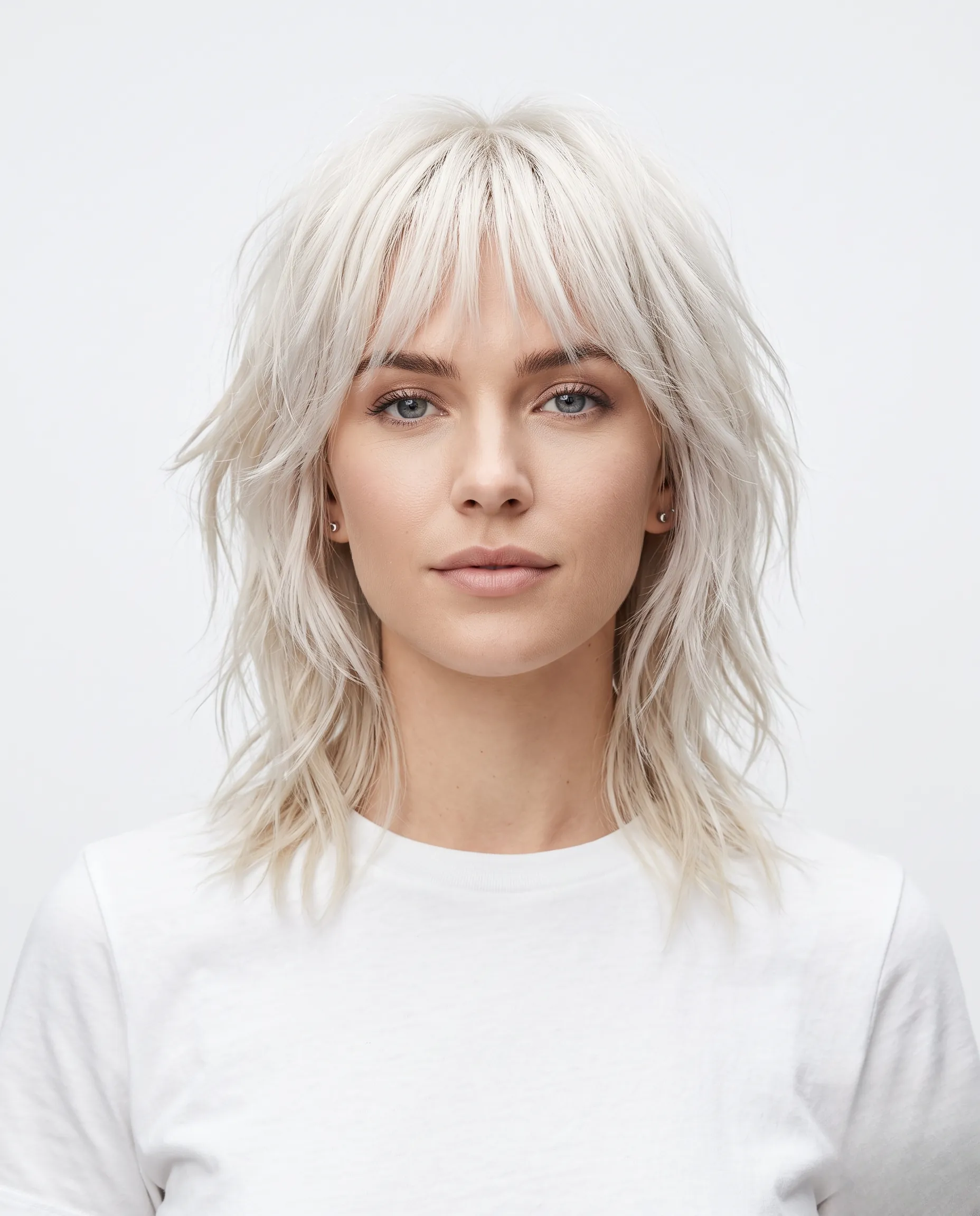 Style rock chic avec une coupe shag effilée capturée dans une ambiance studio sombre et élégante.
