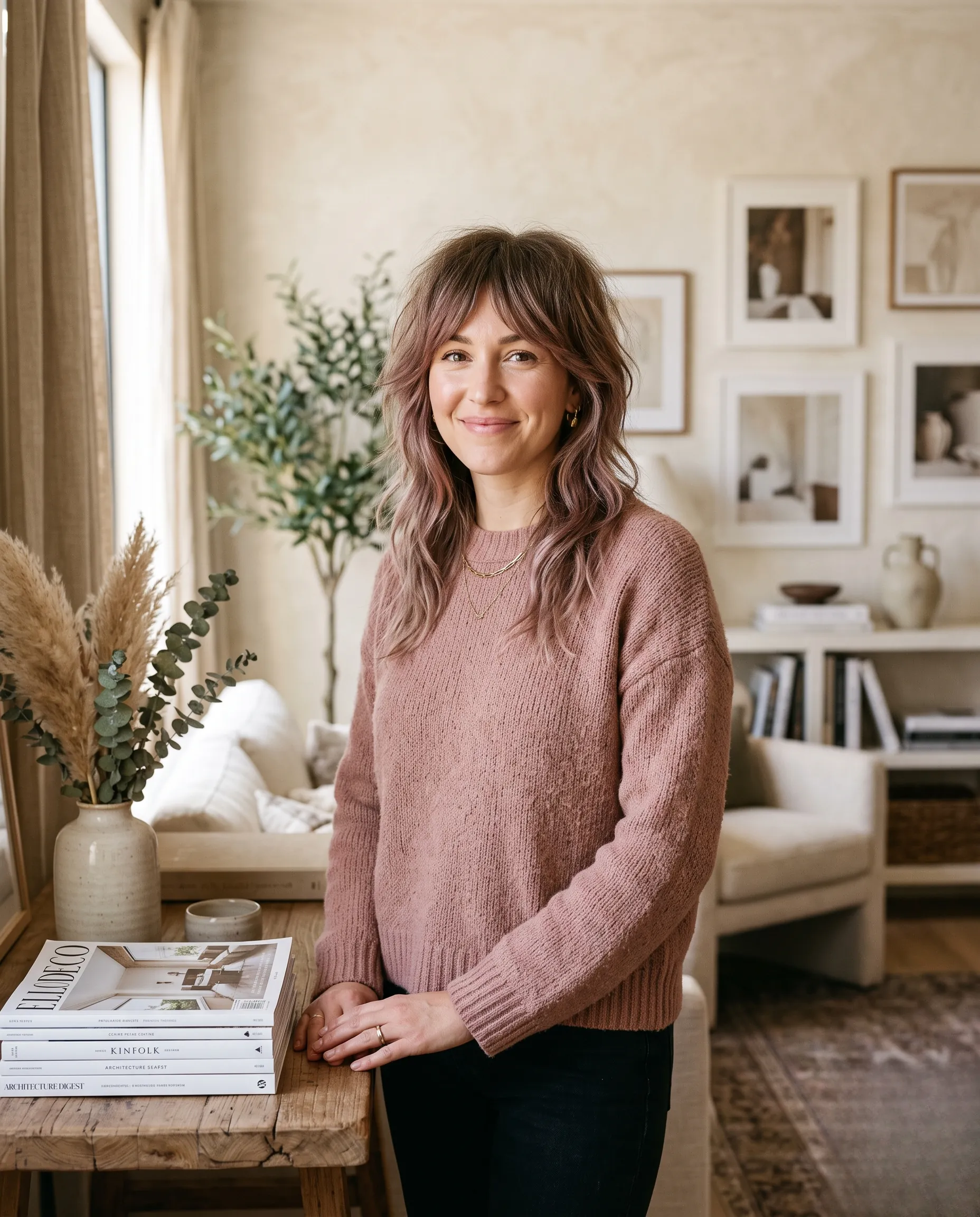 Portrait délicat d'une femme à la coupe shag aux tons doux et nuances vieux rose.