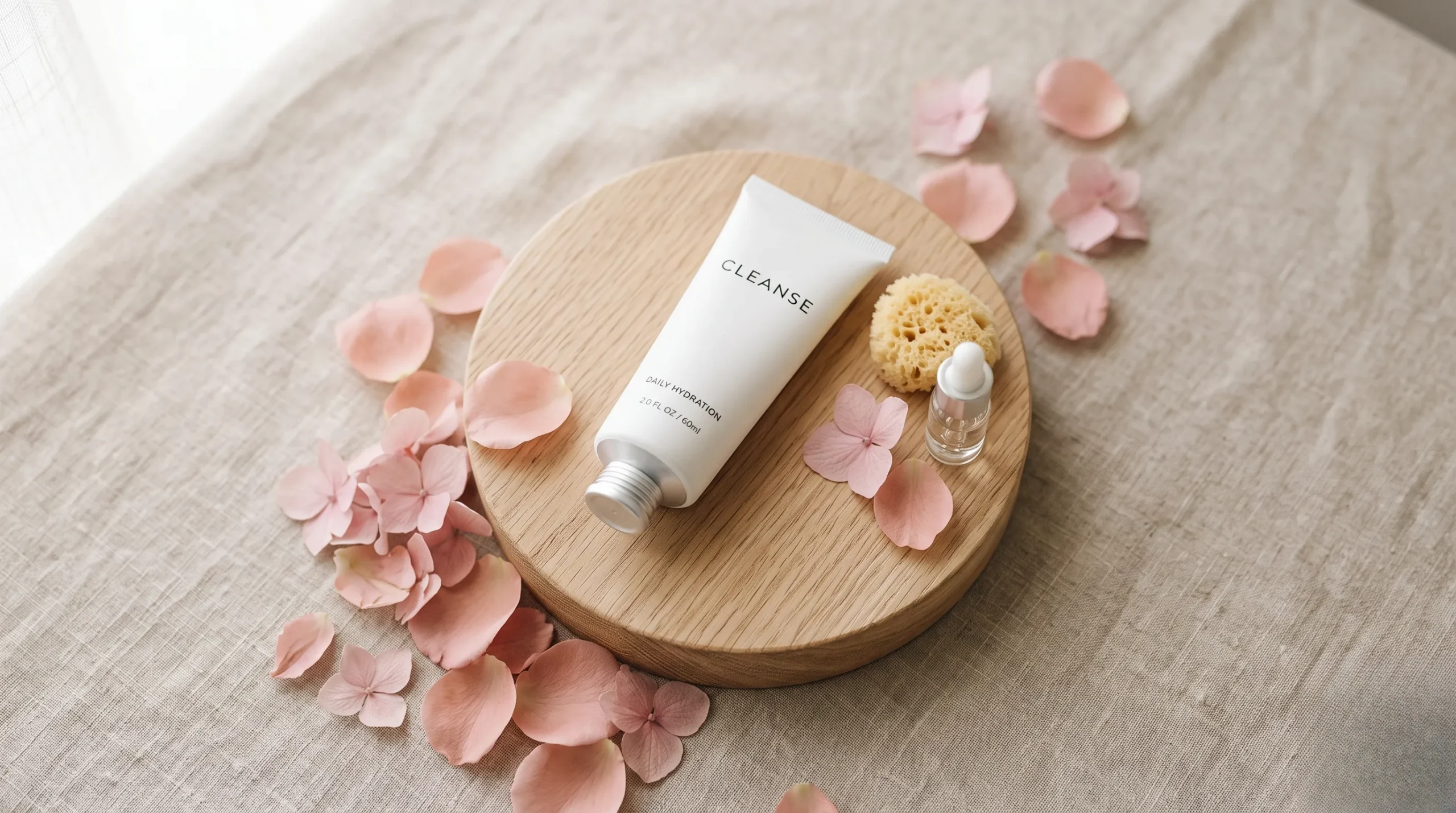 Tube cosmétique minimaliste sur podium en bois clair avec pétales roses, style spa luxueux.