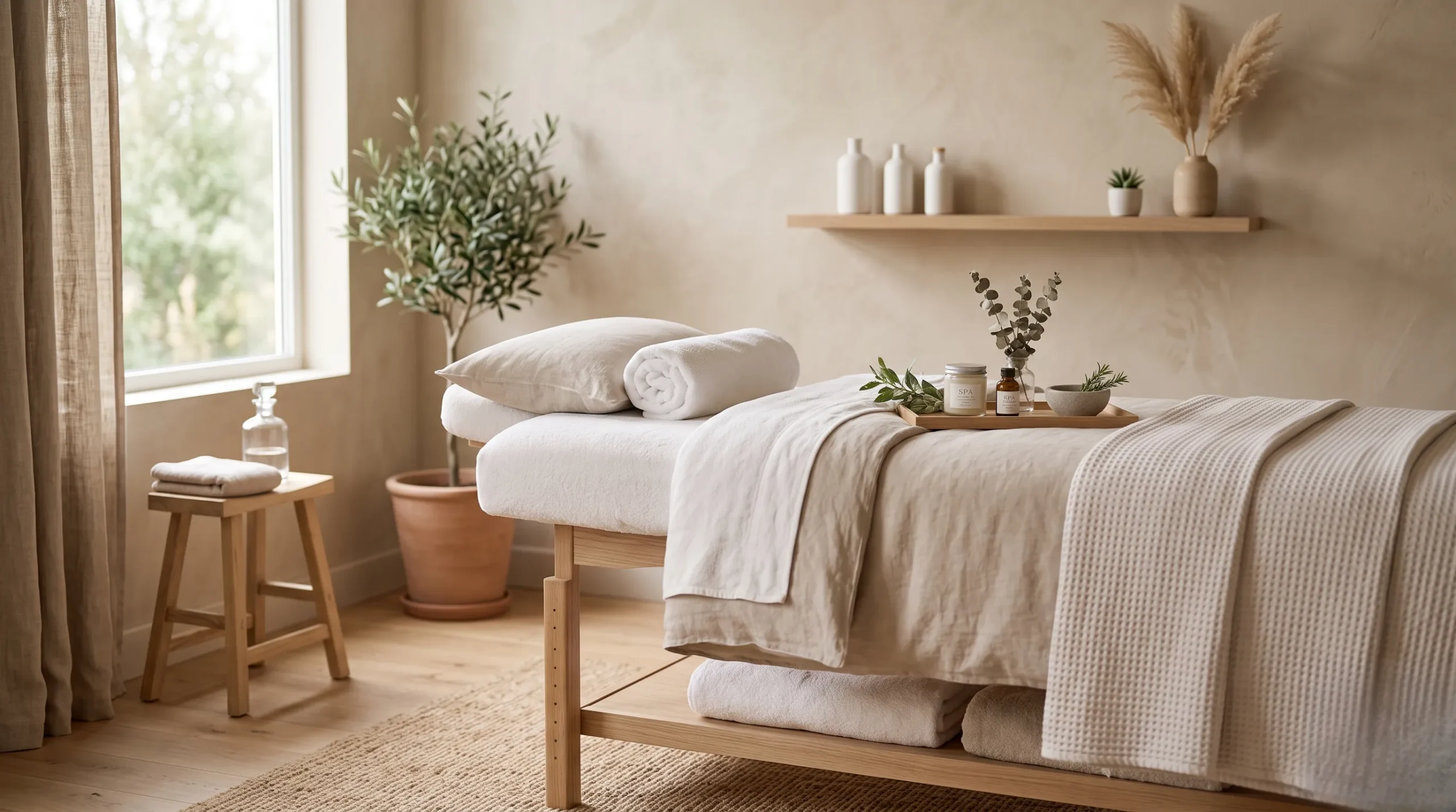 Chambre de soin épurée aux draps de lin beige et mobilier en bois clair baignée de lumière