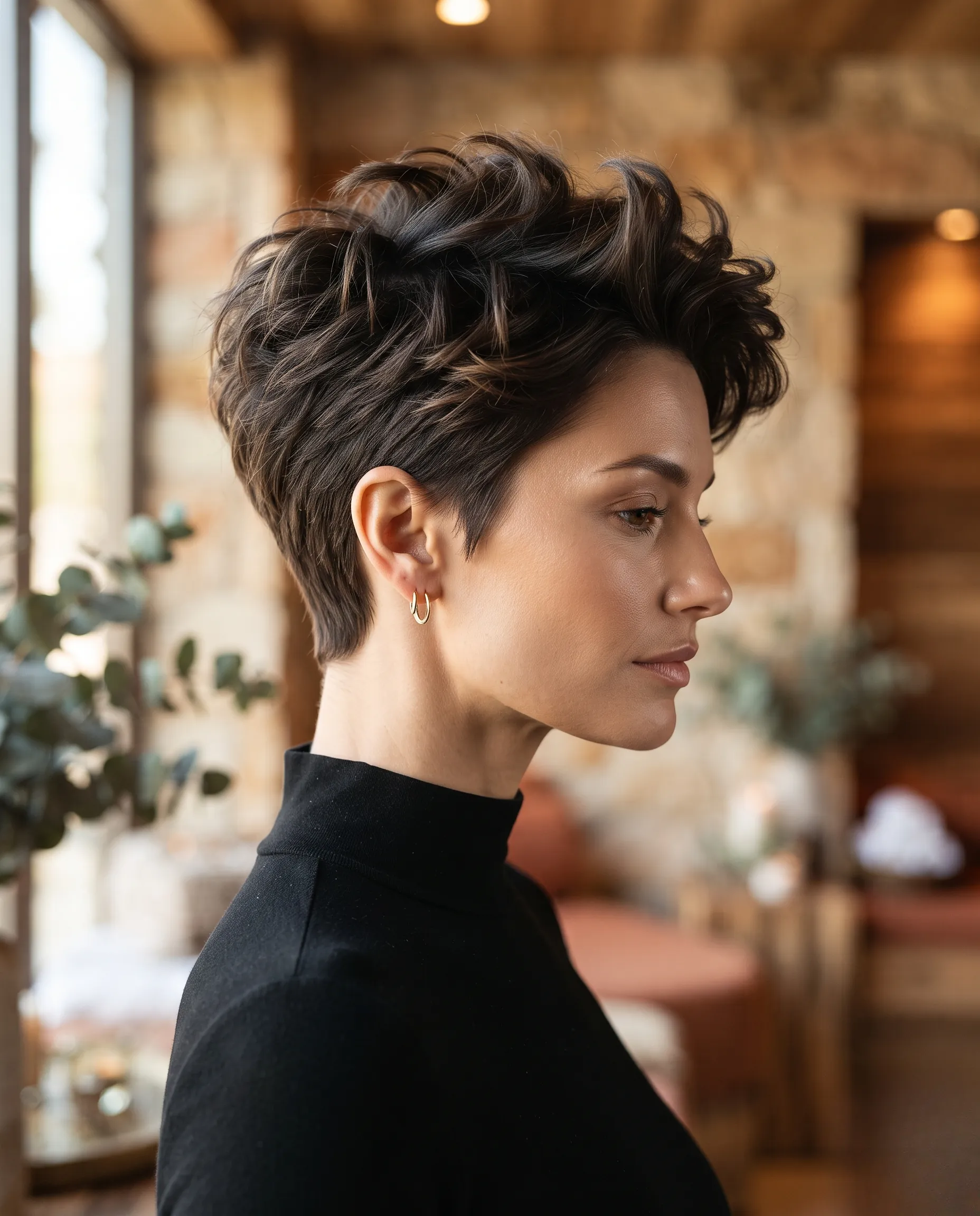 Portrait de profil d'une coupe pixie courte et texturée, idéale pour apporter du volume aux cheveux fins avec élégance.